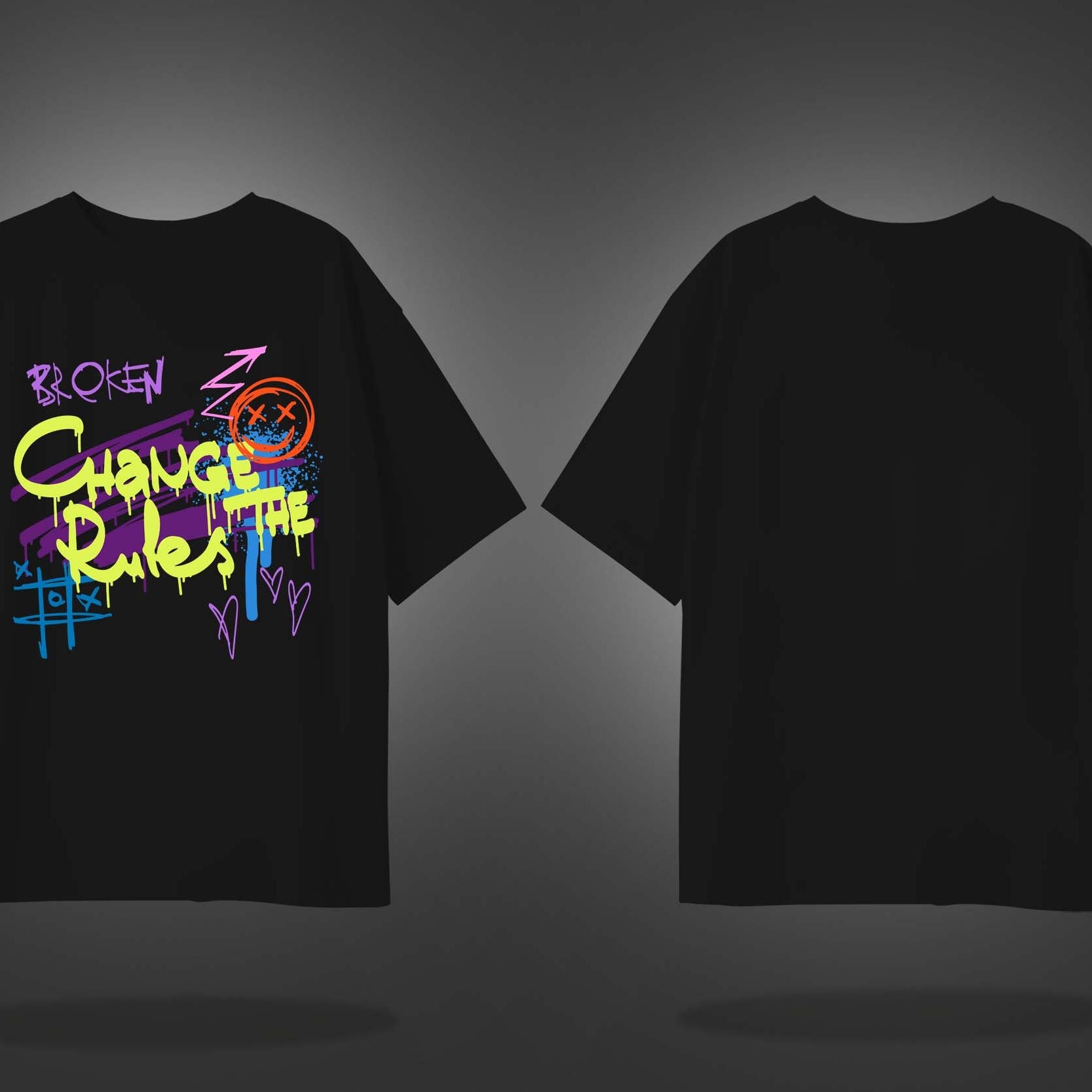 Black Half Sleeves Round Neck Change The Rules Graffiti Printed Oversized T-Shirt