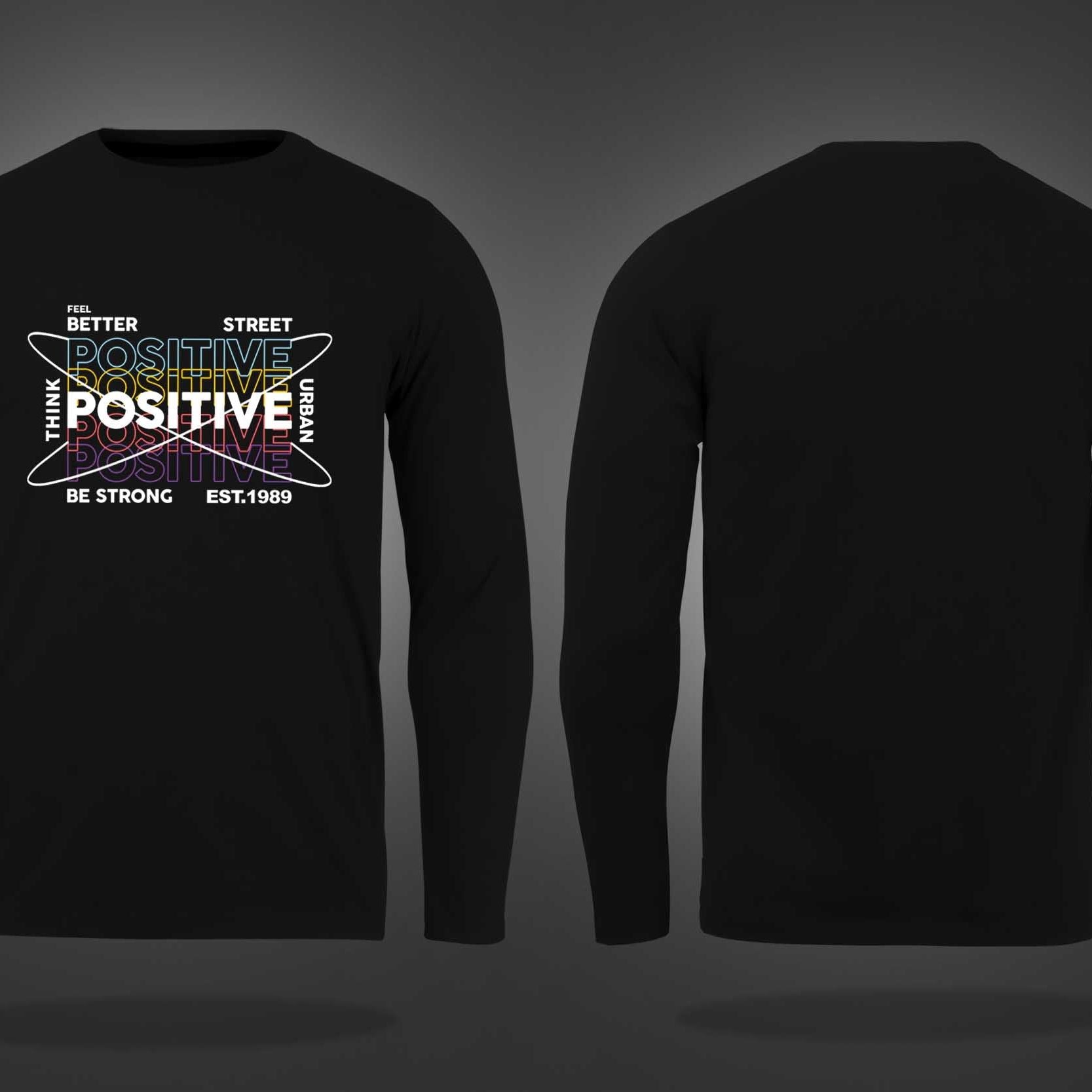 Black Round Neck Think Positive Printed Full Sleeves T-Shirt