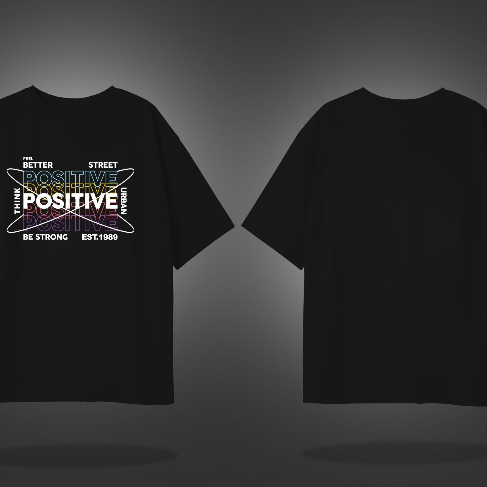 Black Half Sleeve Round Neck Think Positive Printed Oversized T-Shirt