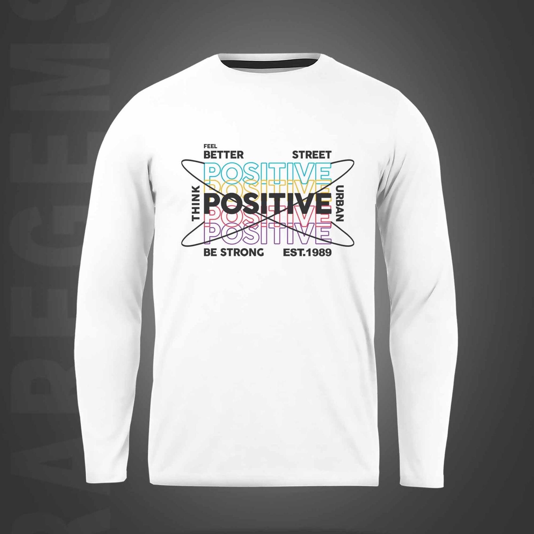 White Round Neck Think Positive Printed Full Sleeves T-Shirt