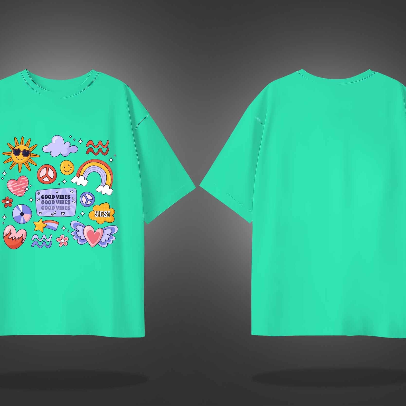 Mint Green Half Sleeve Round Neck Beautiful Elements With Good Vibes Printed Oversized T-Shirt