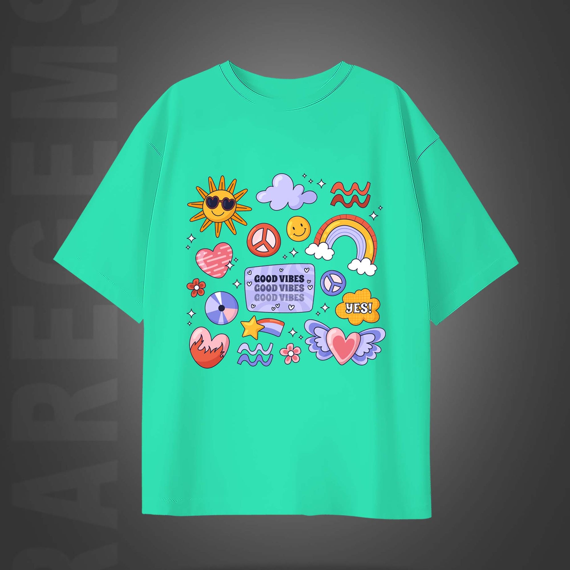 Mint Green Half Sleeve Round Neck Beautiful Elements With Good Vibes Printed Oversized T-Shirt