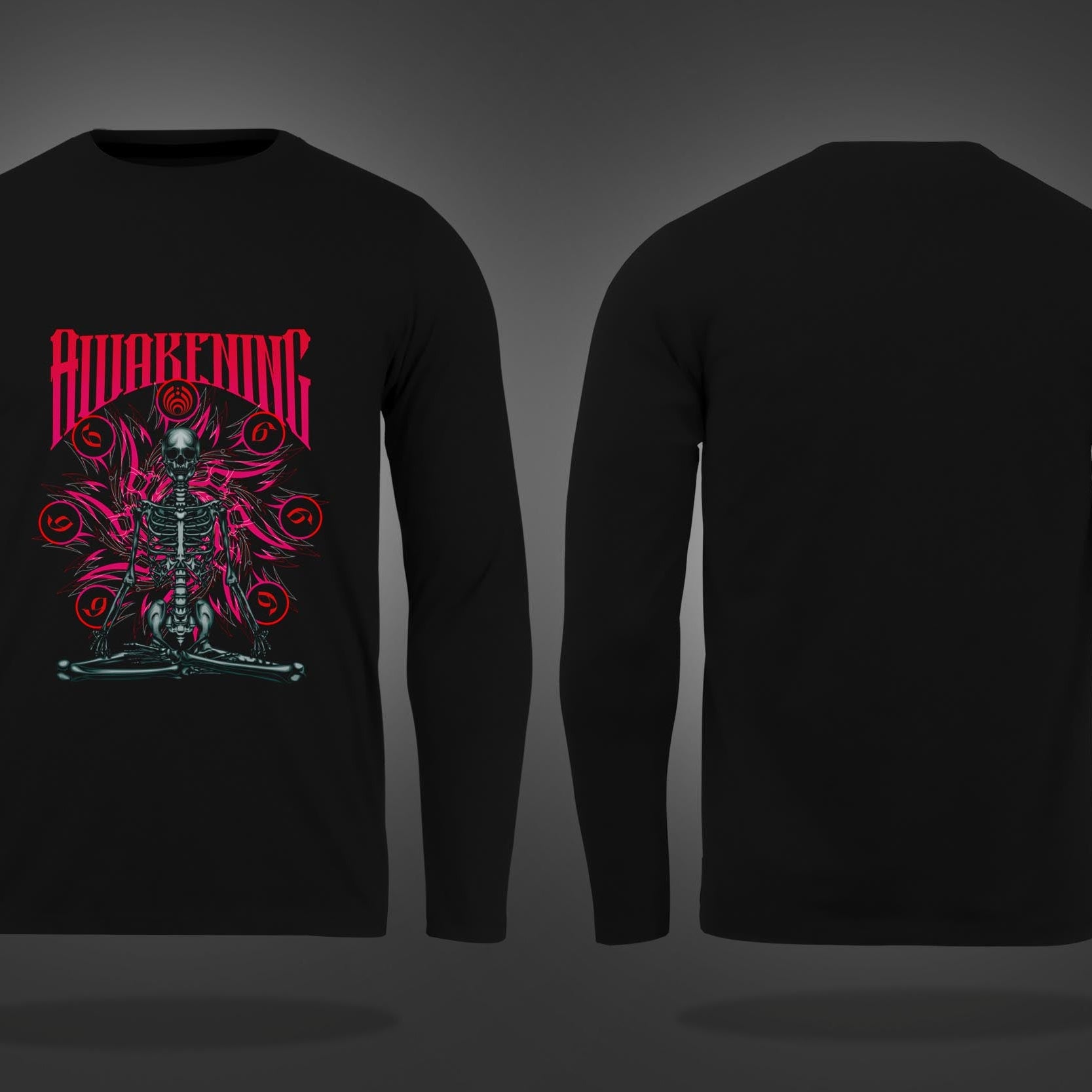 Black Round Neck Awakening Skeleton Printed Full Sleeves T-Shirt