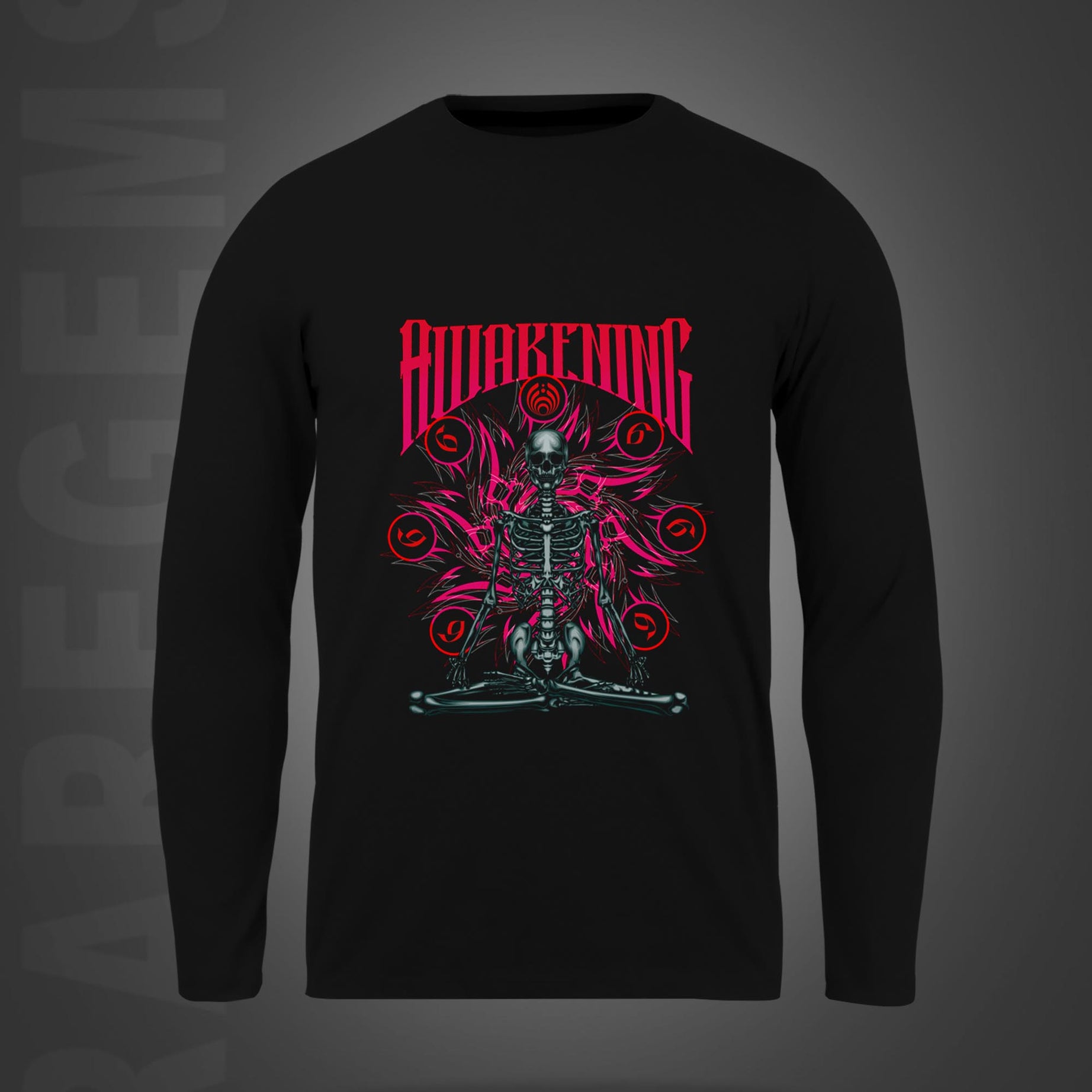 Black Round Neck Awakening Skeleton Printed Full Sleeves T-Shirt