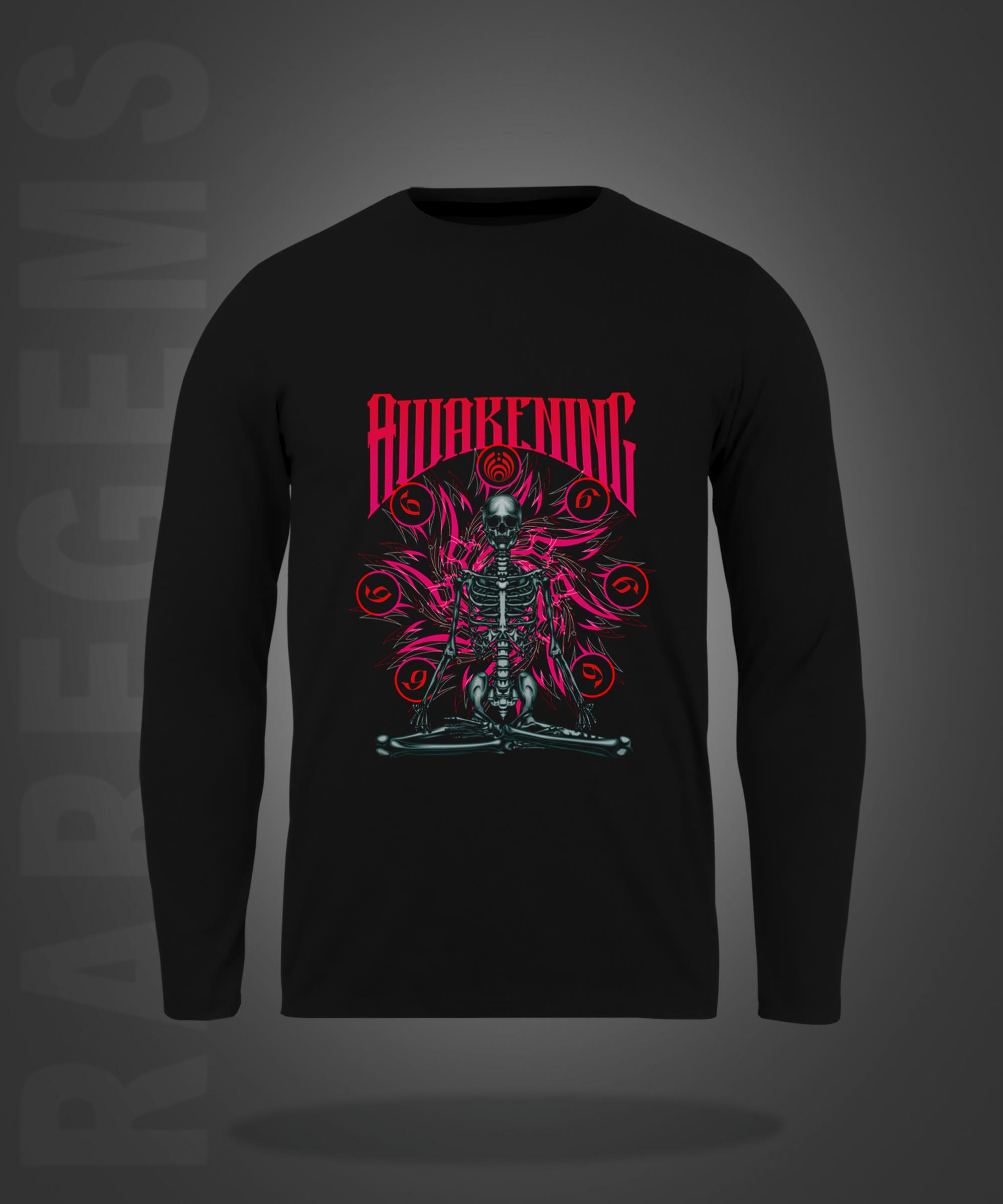 Black Round Neck Awakening Skeleton Printed Full Sleeves T-Shirt