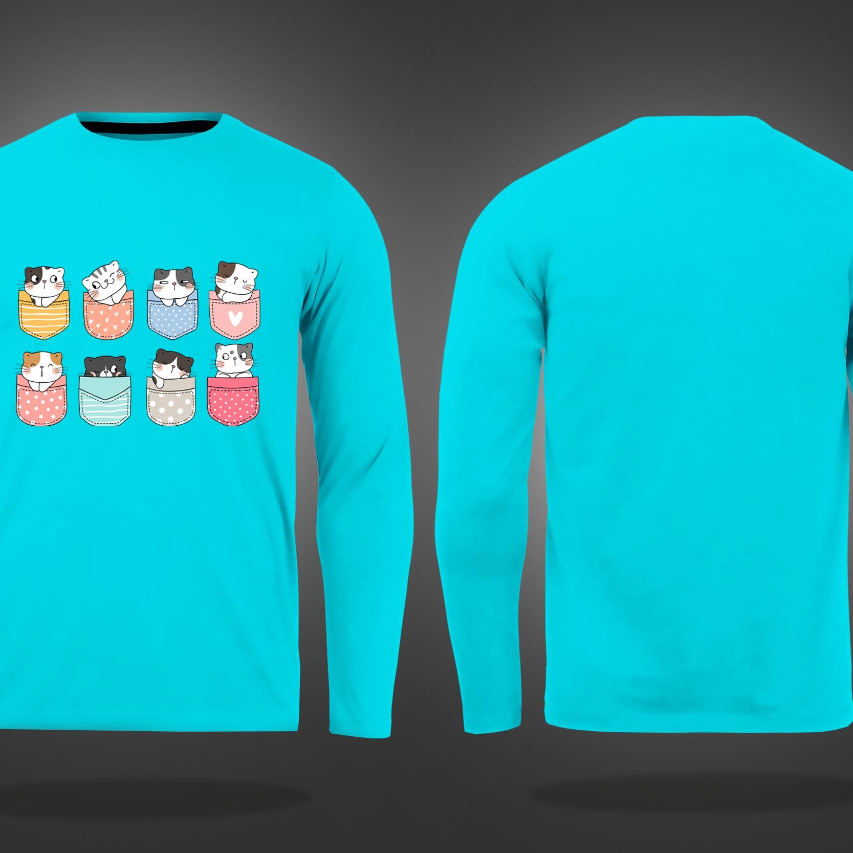 Cyan Round Neck Pocket Cats Printed Full Sleeves T-Shirt