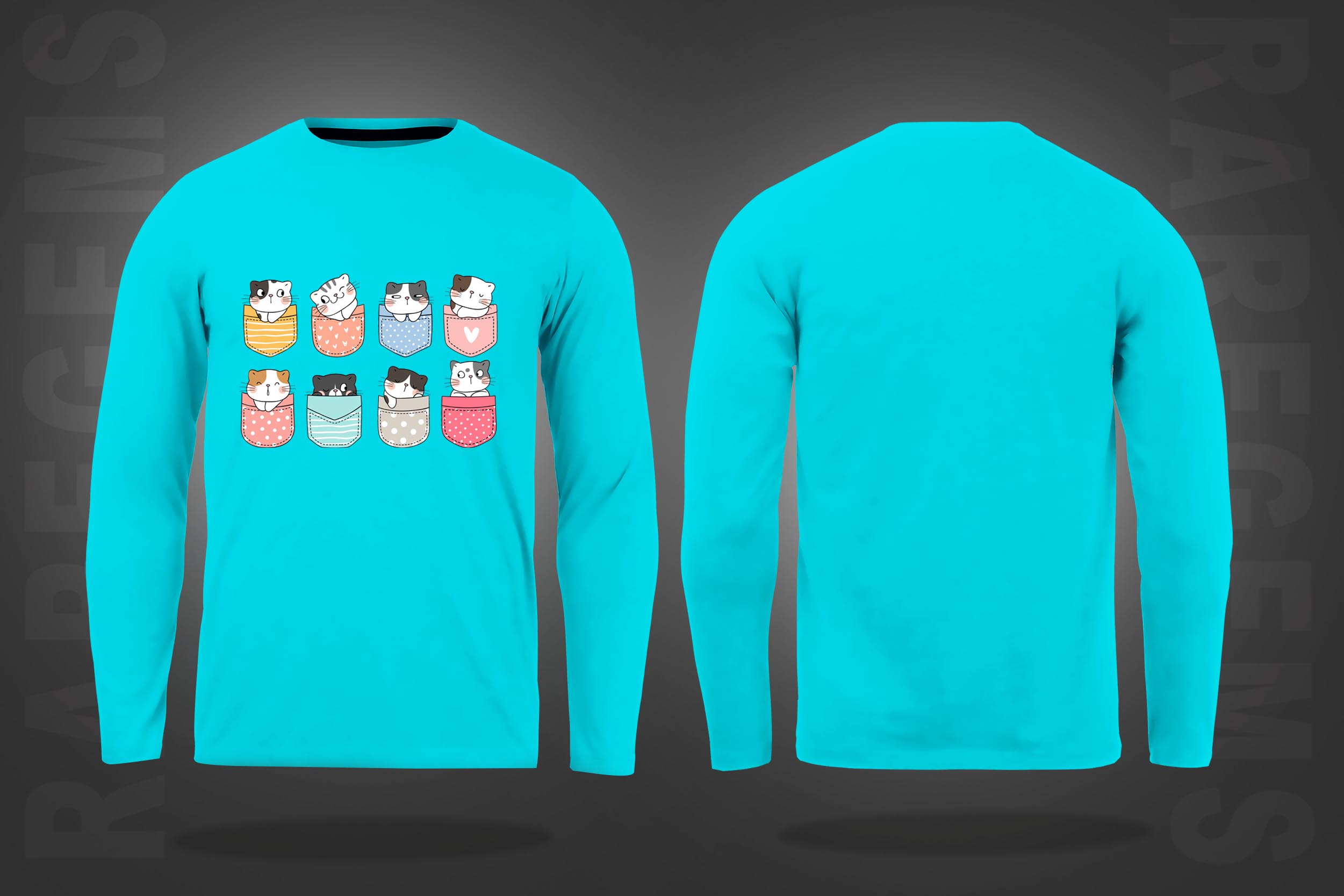 Cyan Round Neck Pocket Cats Printed Full Sleeves T-Shirt