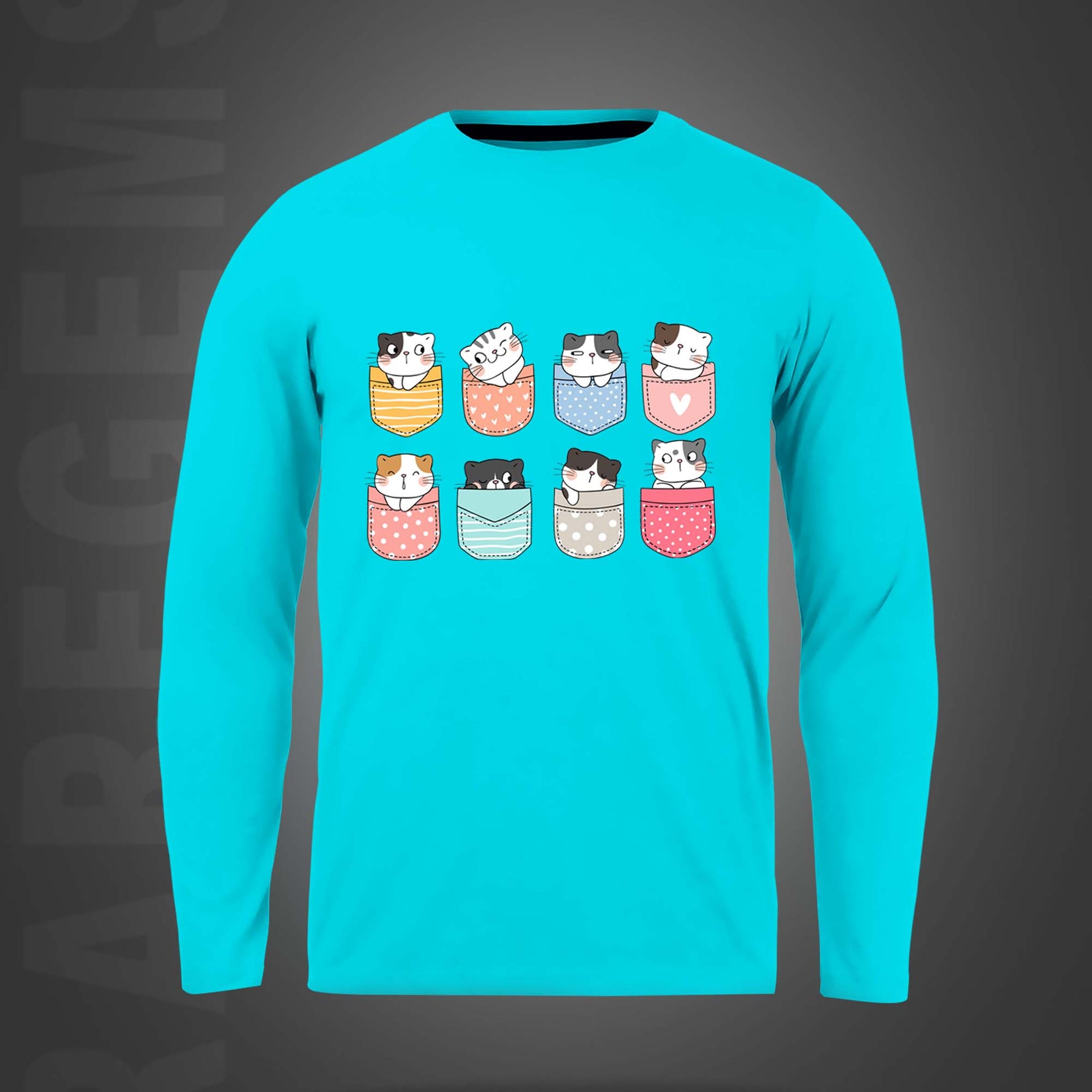 Cyan Round Neck Pocket Cats Printed Full Sleeves T-Shirt