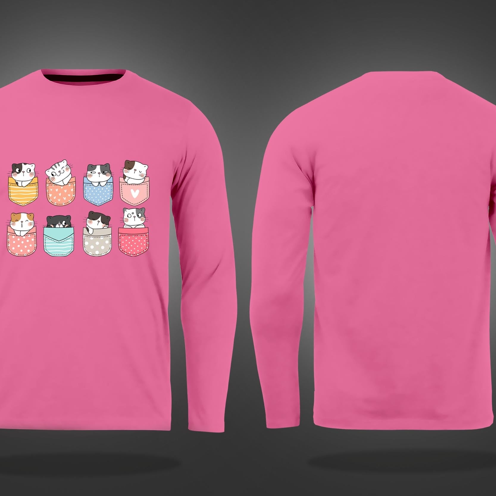 Pink Round Neck Pocket Cats Printed Full Sleeves T-Shirt