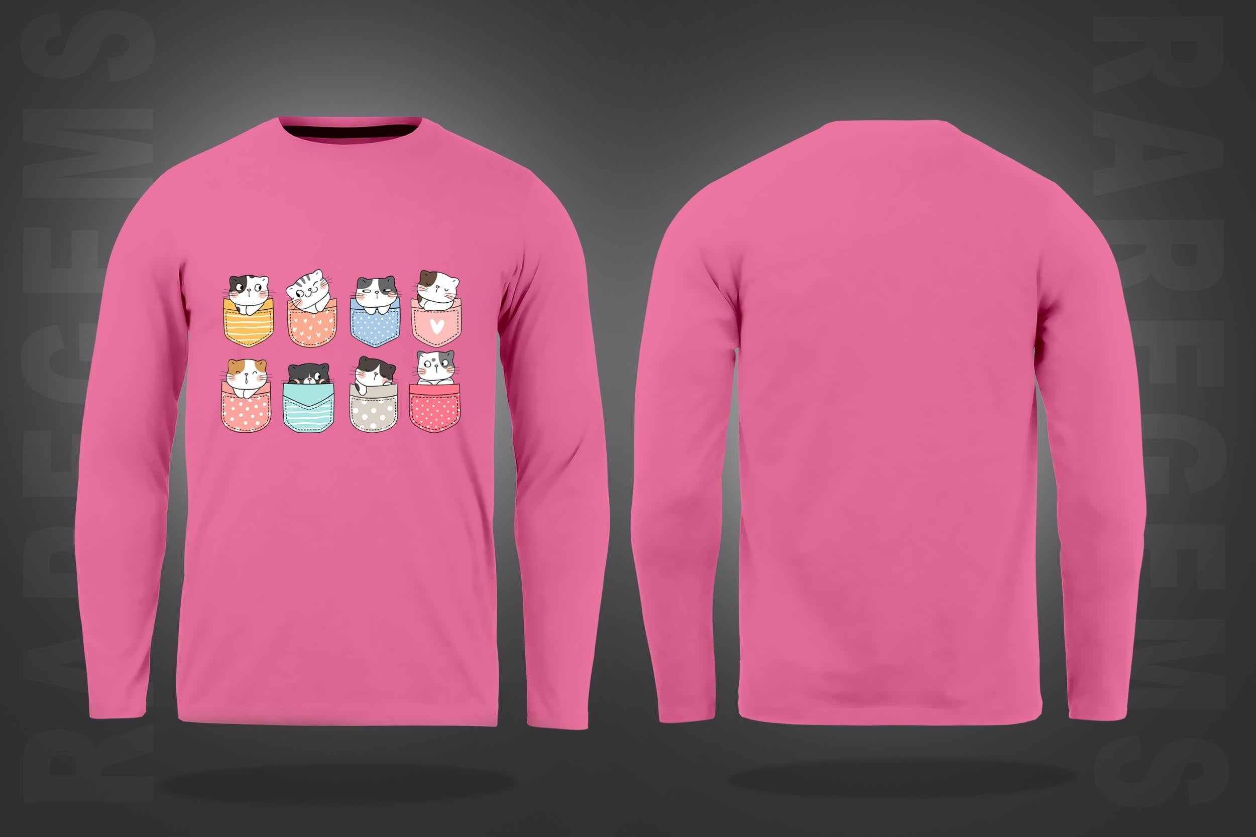 Pink Round Neck Pocket Cats Printed Full Sleeves T-Shirt