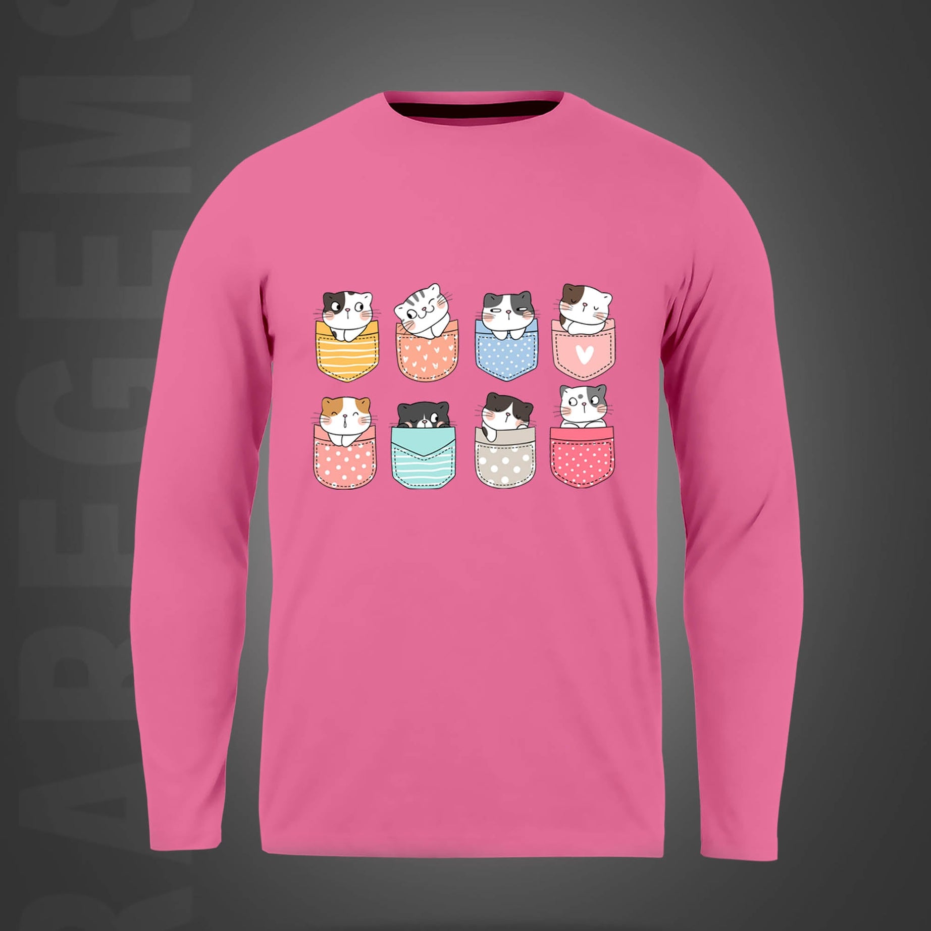 Pink Round Neck Pocket Cats Printed Full Sleeves T-Shirt