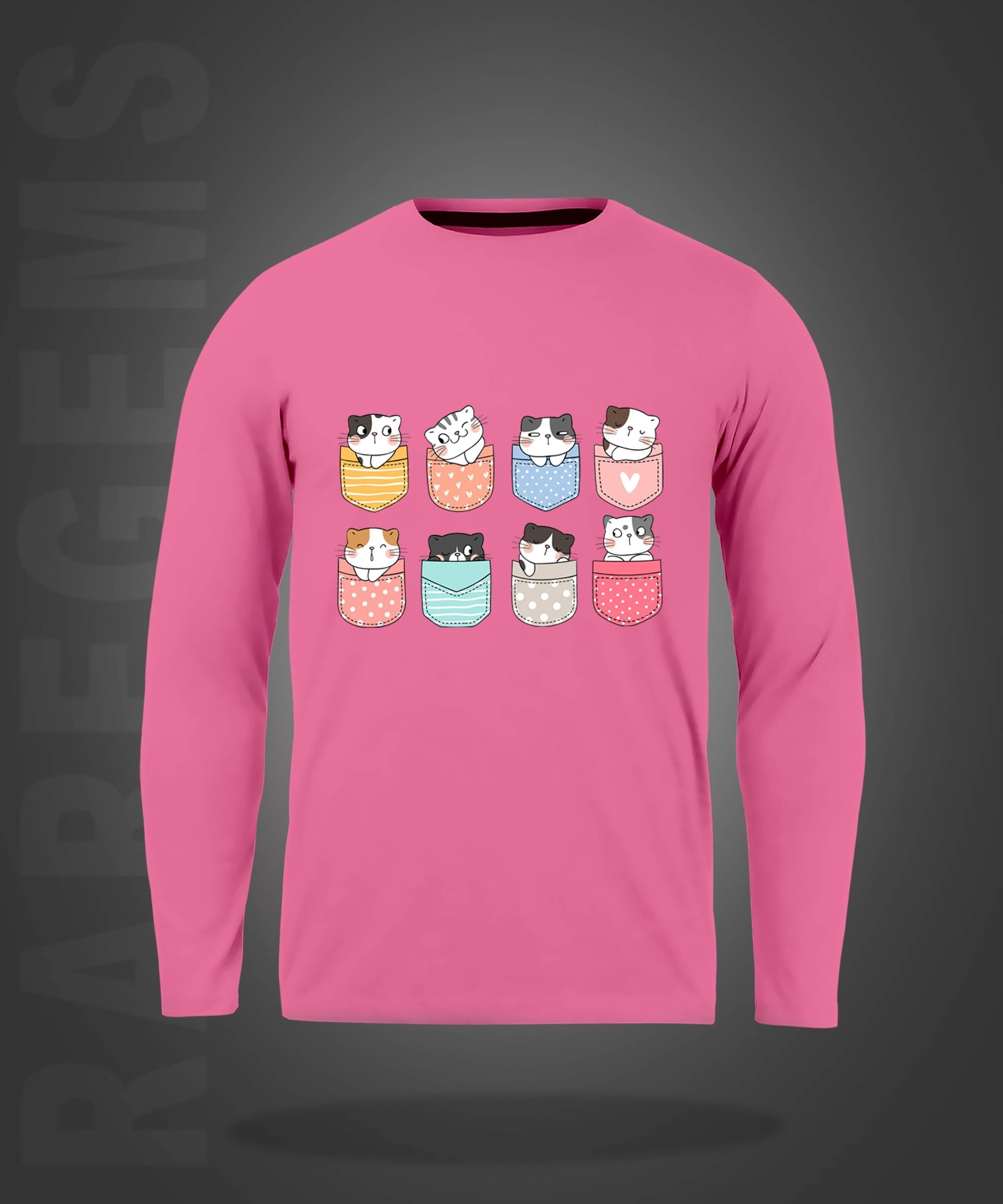 Pink Round Neck Pocket Cats Printed Full Sleeves T-Shirt