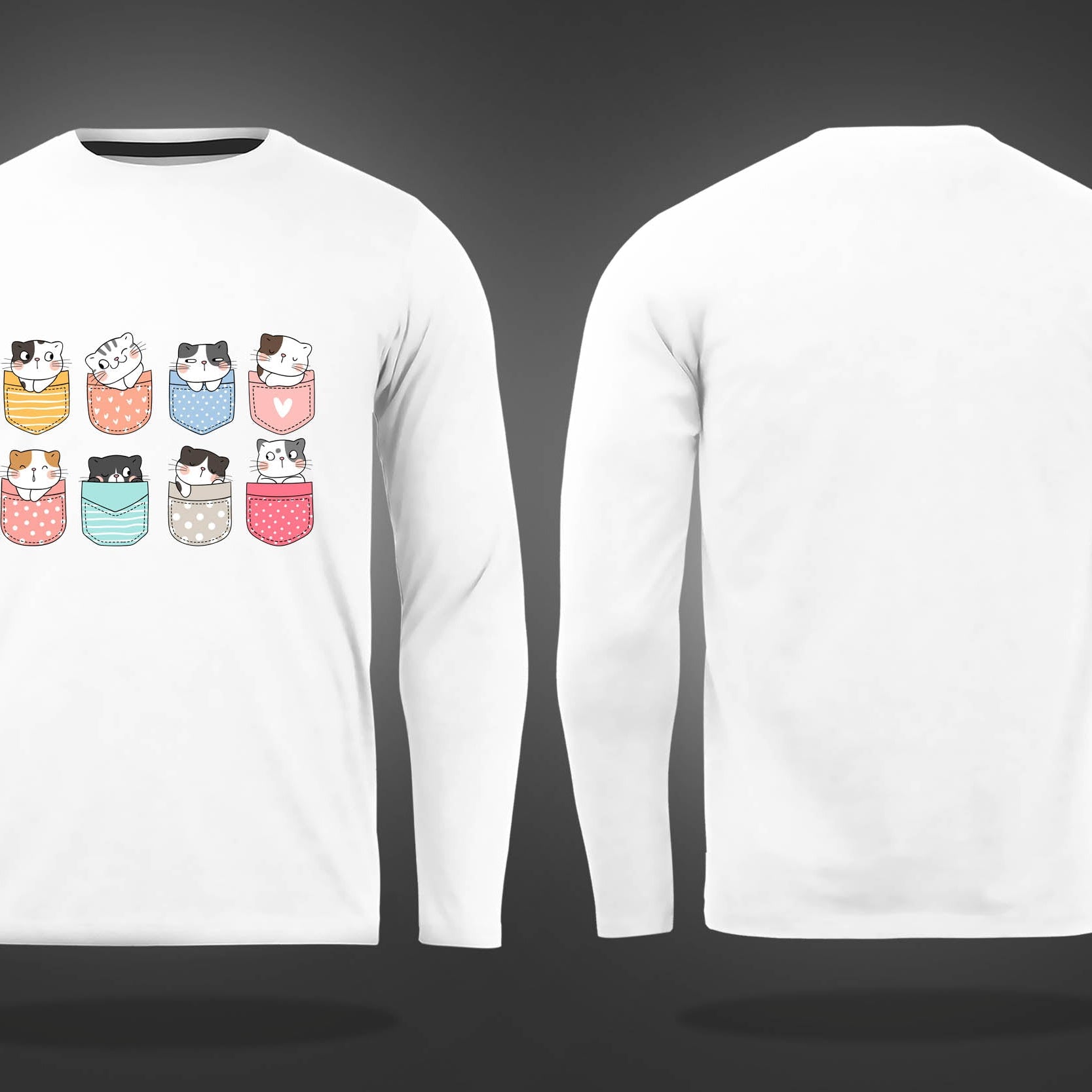 White Round Neck Pocket Cats Printed Full Sleeves T-Shirt