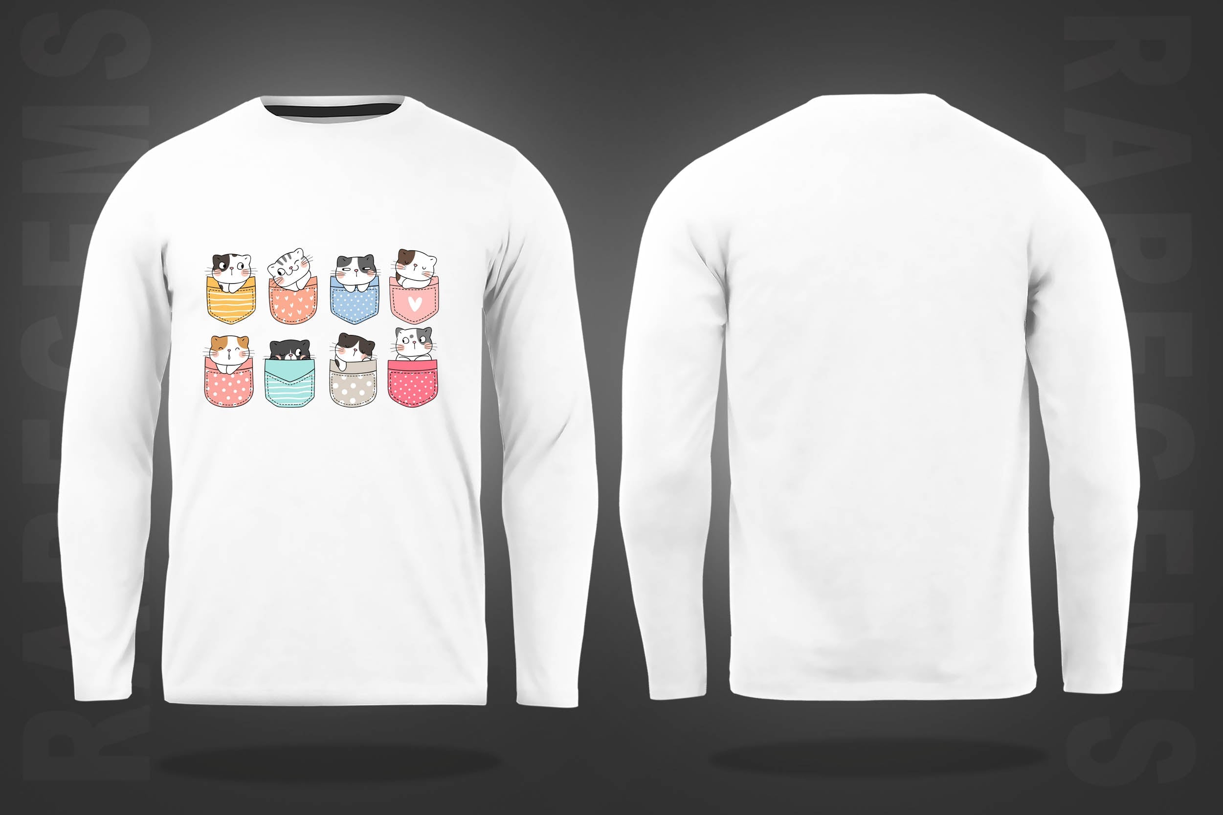 White Round Neck Pocket Cats Printed Full Sleeves T-Shirt