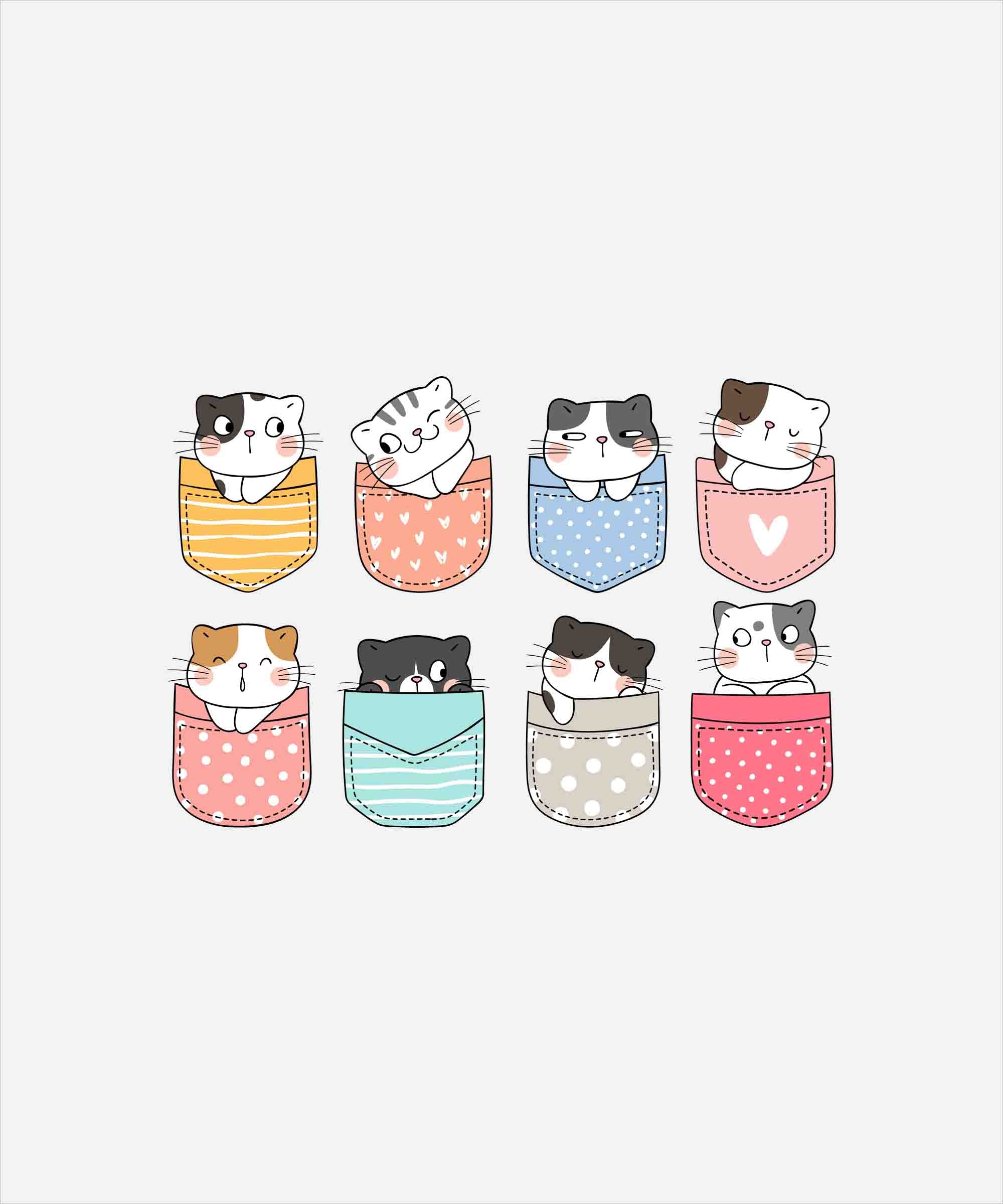 White Round Neck Pocket Cats Printed Full Sleeves T-Shirt