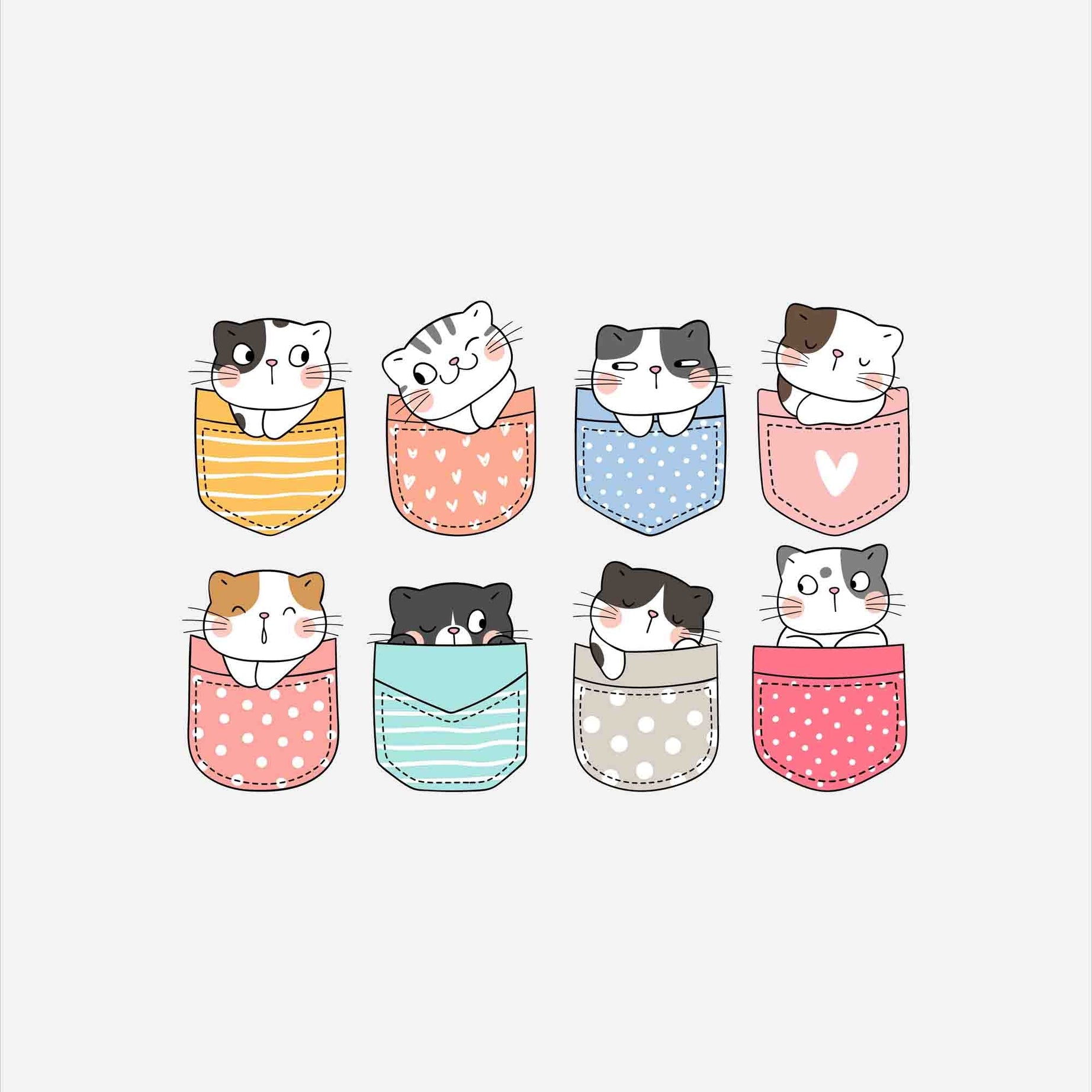 White Round Neck Pocket Cats Printed Full Sleeves T-Shirt (Copy)