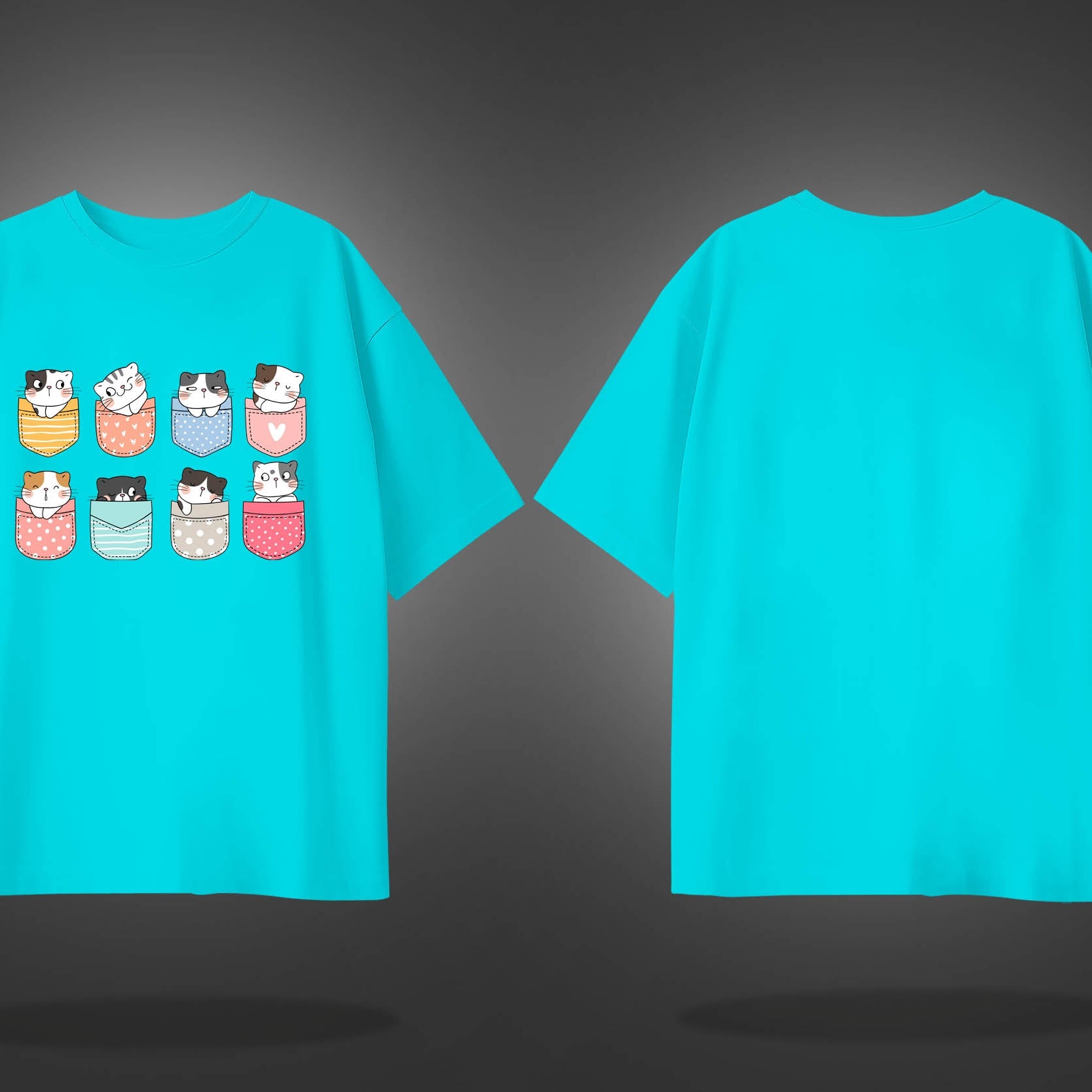 Cyan Half Sleeve Round Neck Pocket Cats Printed Oversized T-Shirt