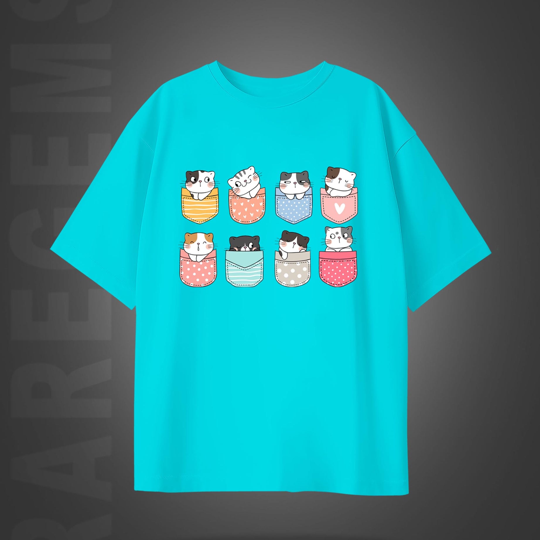 Cyan Half Sleeve Round Neck Pocket Cats Printed Oversized T-Shirt