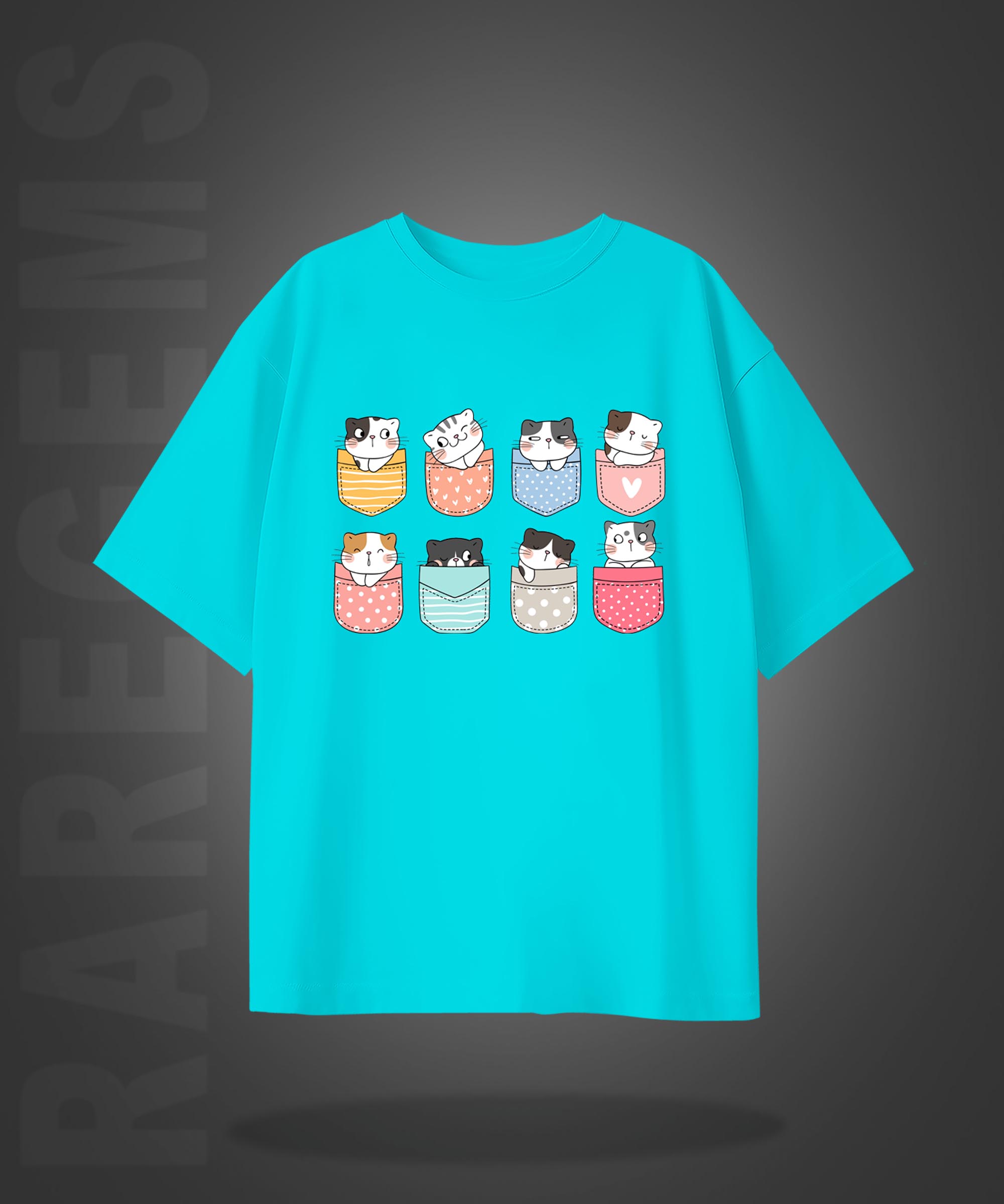 Cyan Half Sleeve Round Neck Pocket Cats Printed Oversized T-Shirt