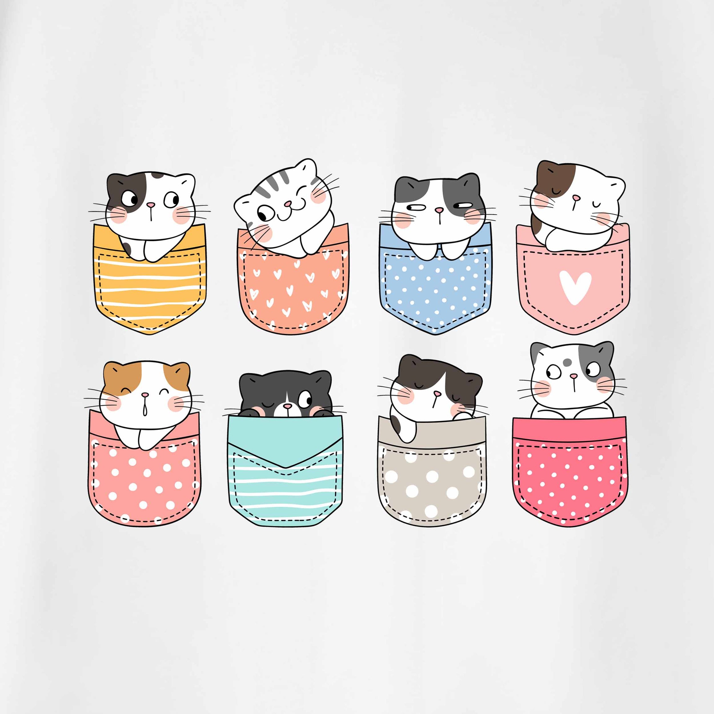 White Round Neck Half Sleeve Pocket Cats Printed Regular T-Shirt