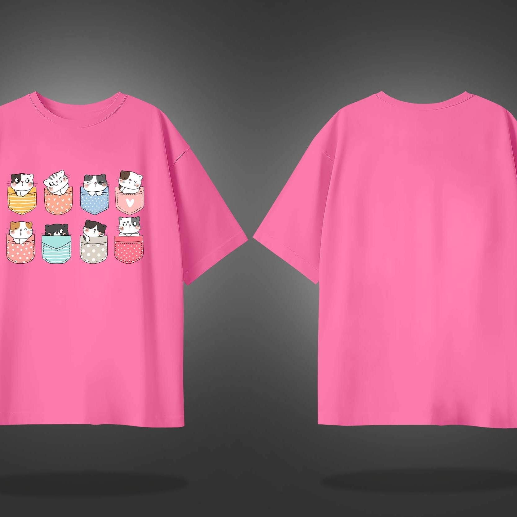 Pink Half Sleeve Round Neck Pocket Cats Printed Oversized T-Shirt