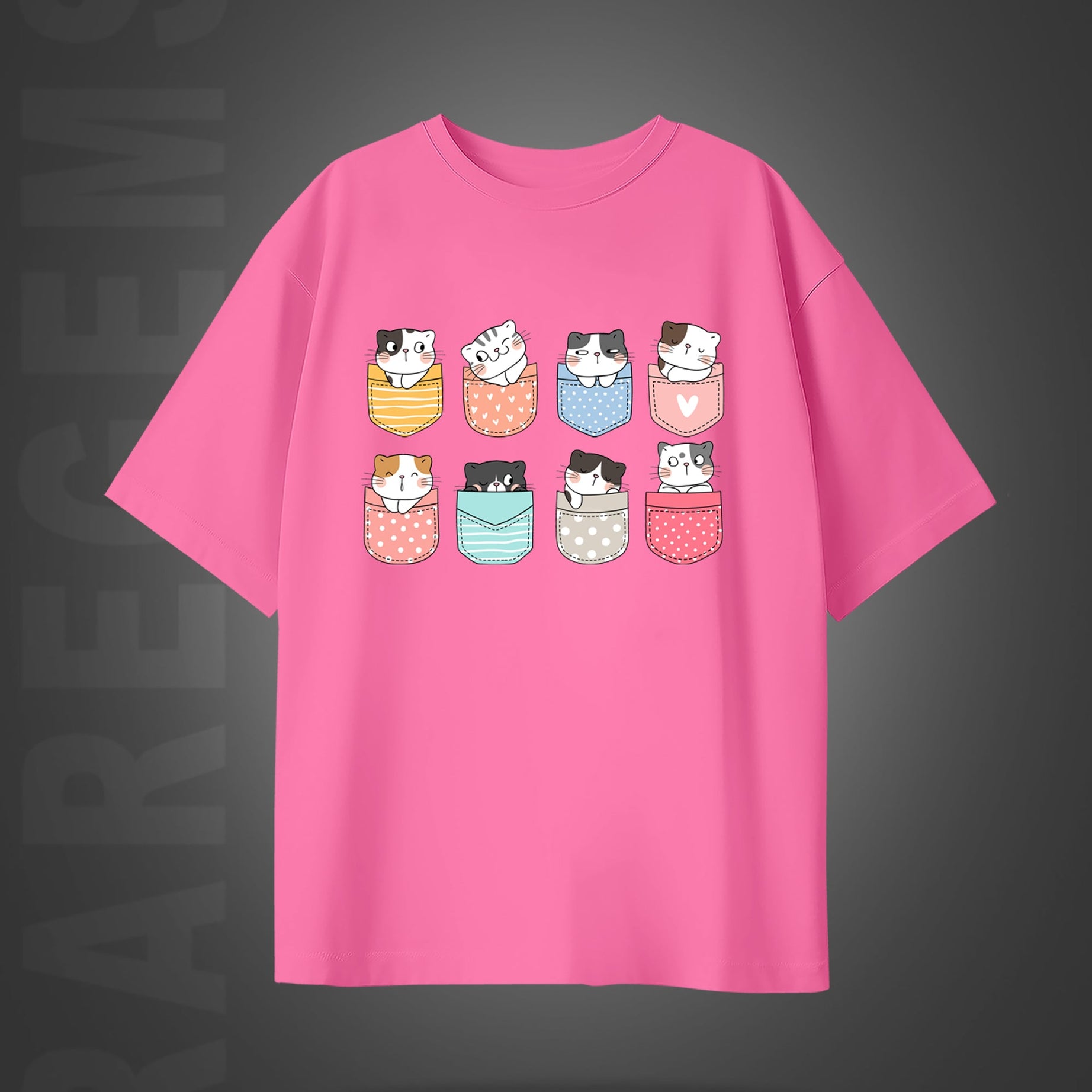 Pink Half Sleeve Round Neck Pocket Cats Printed Oversized T-Shirt