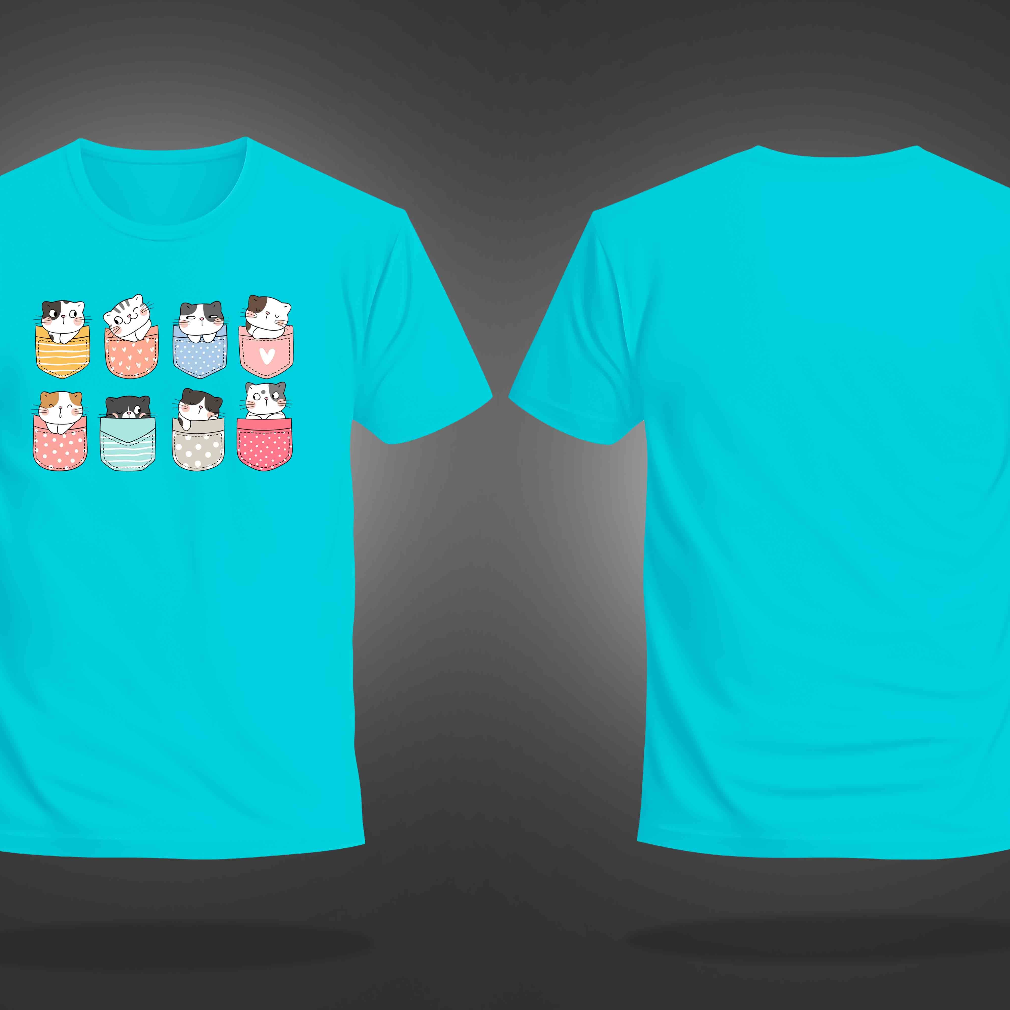 Cyan Round Neck Half Sleeve Pocket Cats Printed Regular T-Shirt