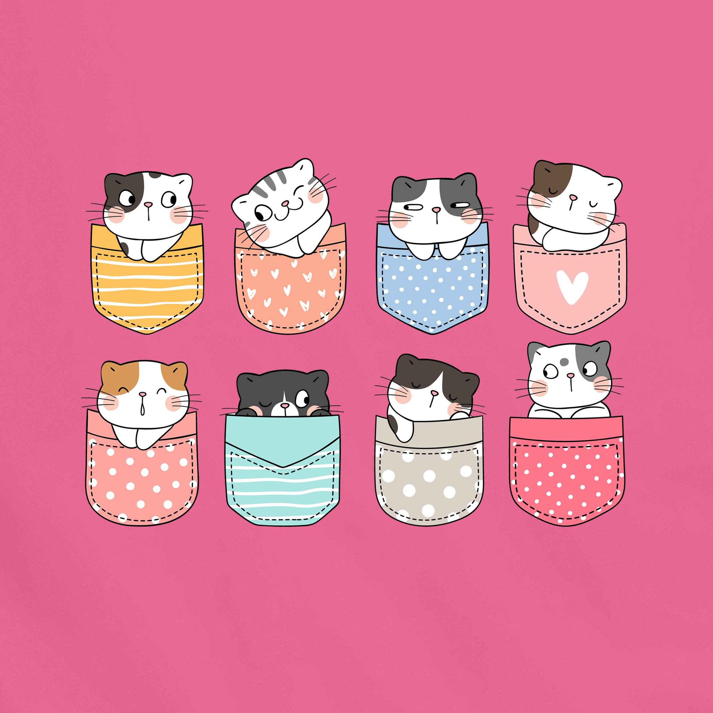 Pink Round Neck Half Sleeve Pocket Cats Printed Regular T-Shirt