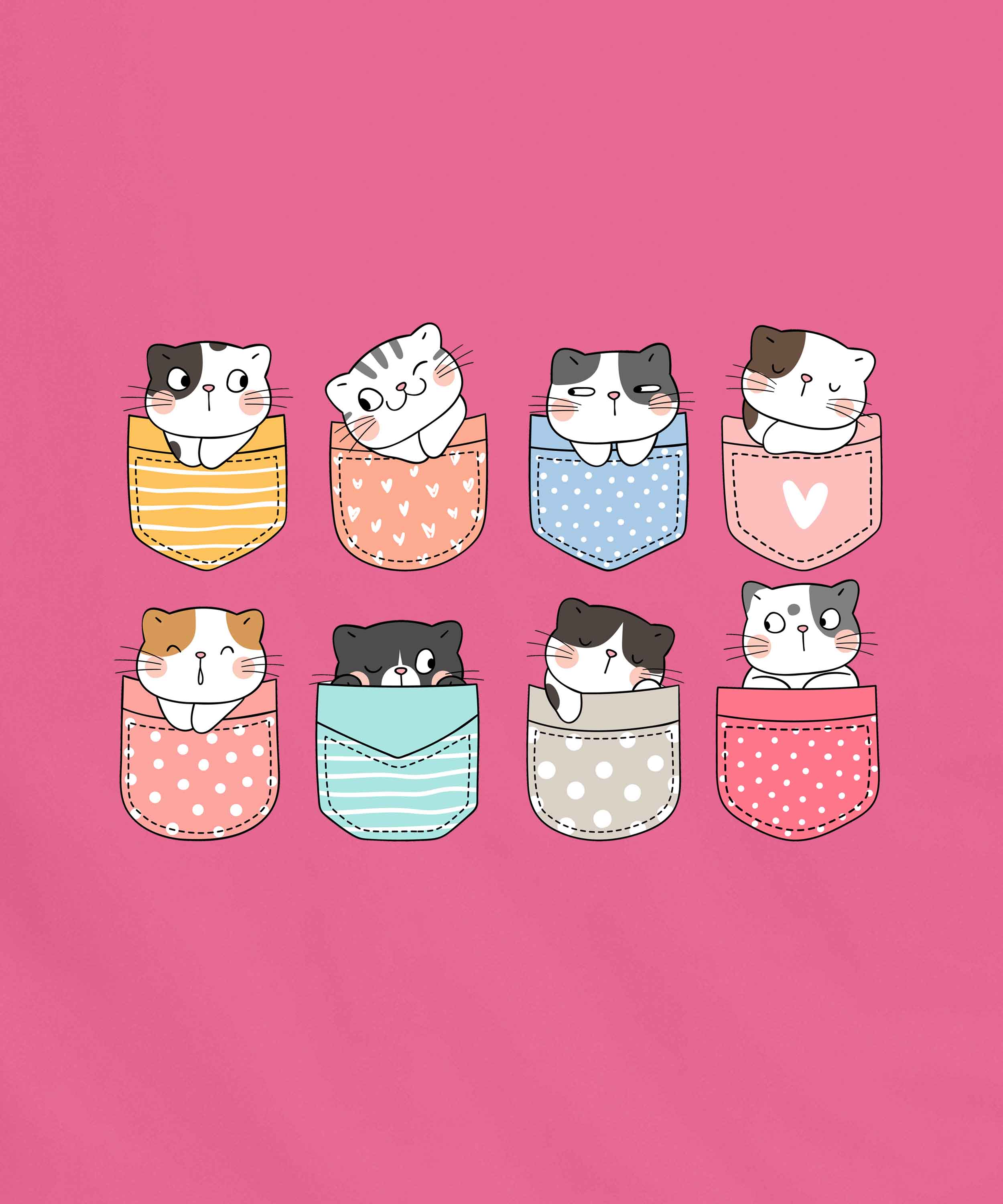 Pink Round Neck Half Sleeve Pocket Cats Printed Regular T-Shirt