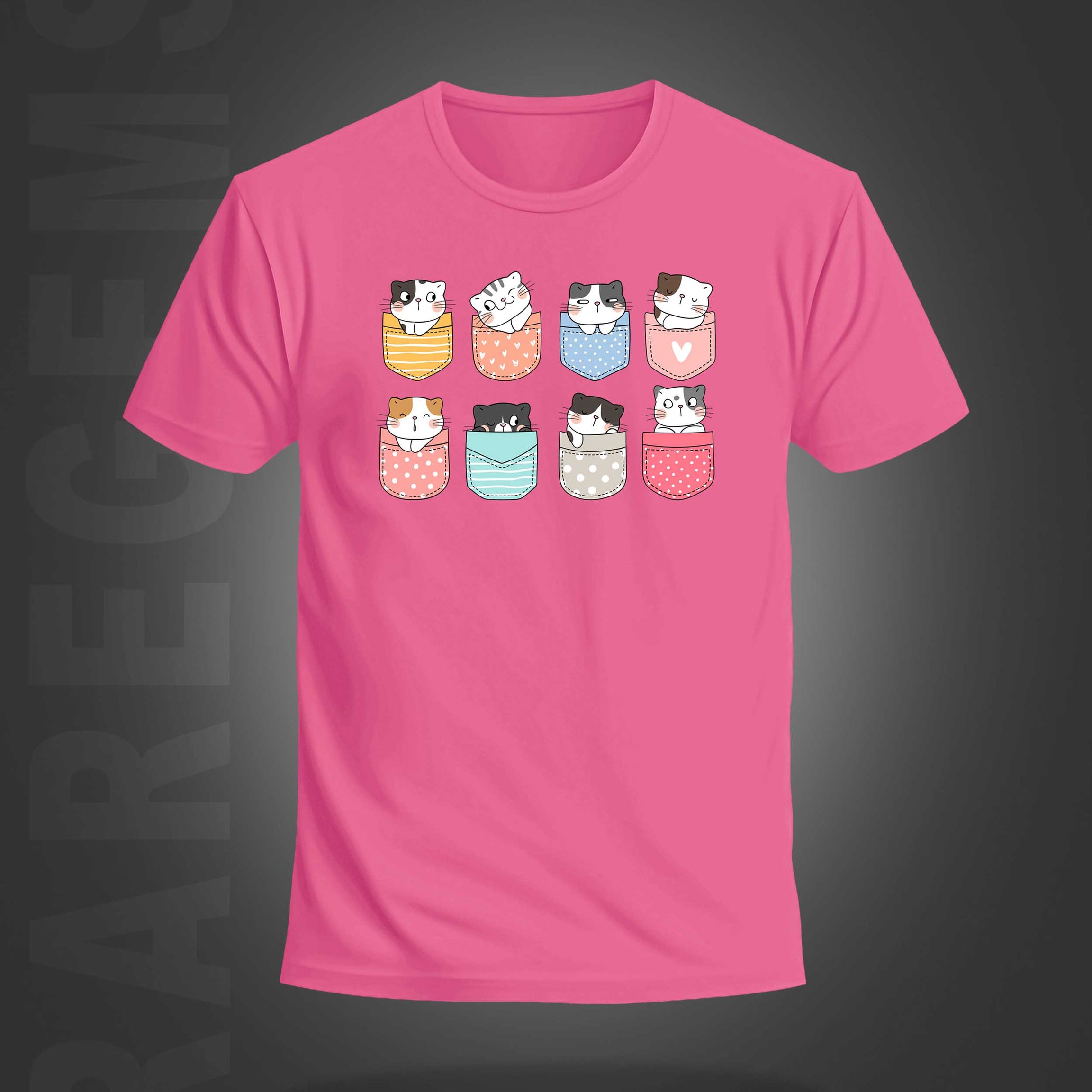 Pink Round Neck Half Sleeve Pocket Cats Printed Regular T-Shirt