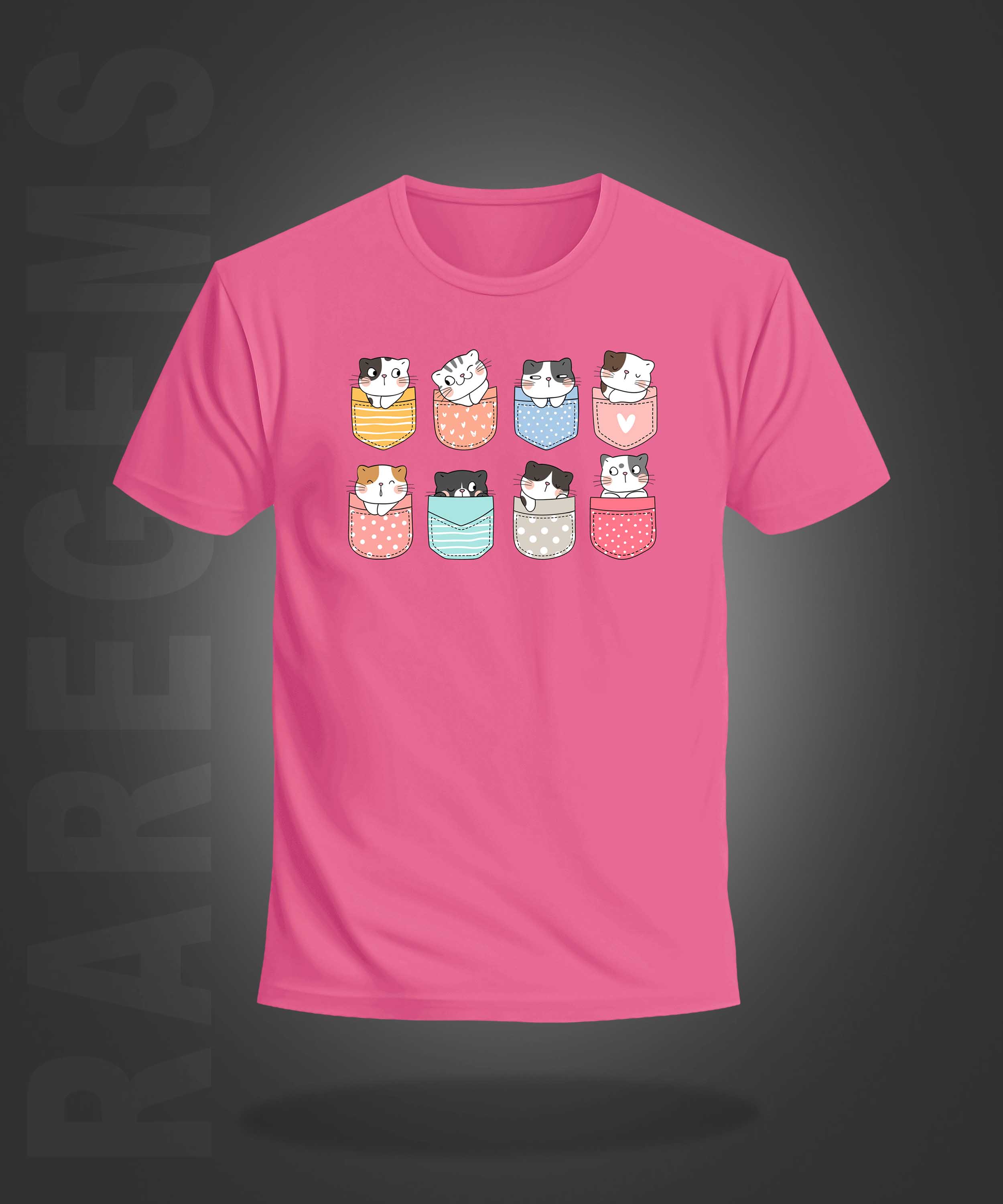 Pink Round Neck Half Sleeve Pocket Cats Printed Regular T-Shirt