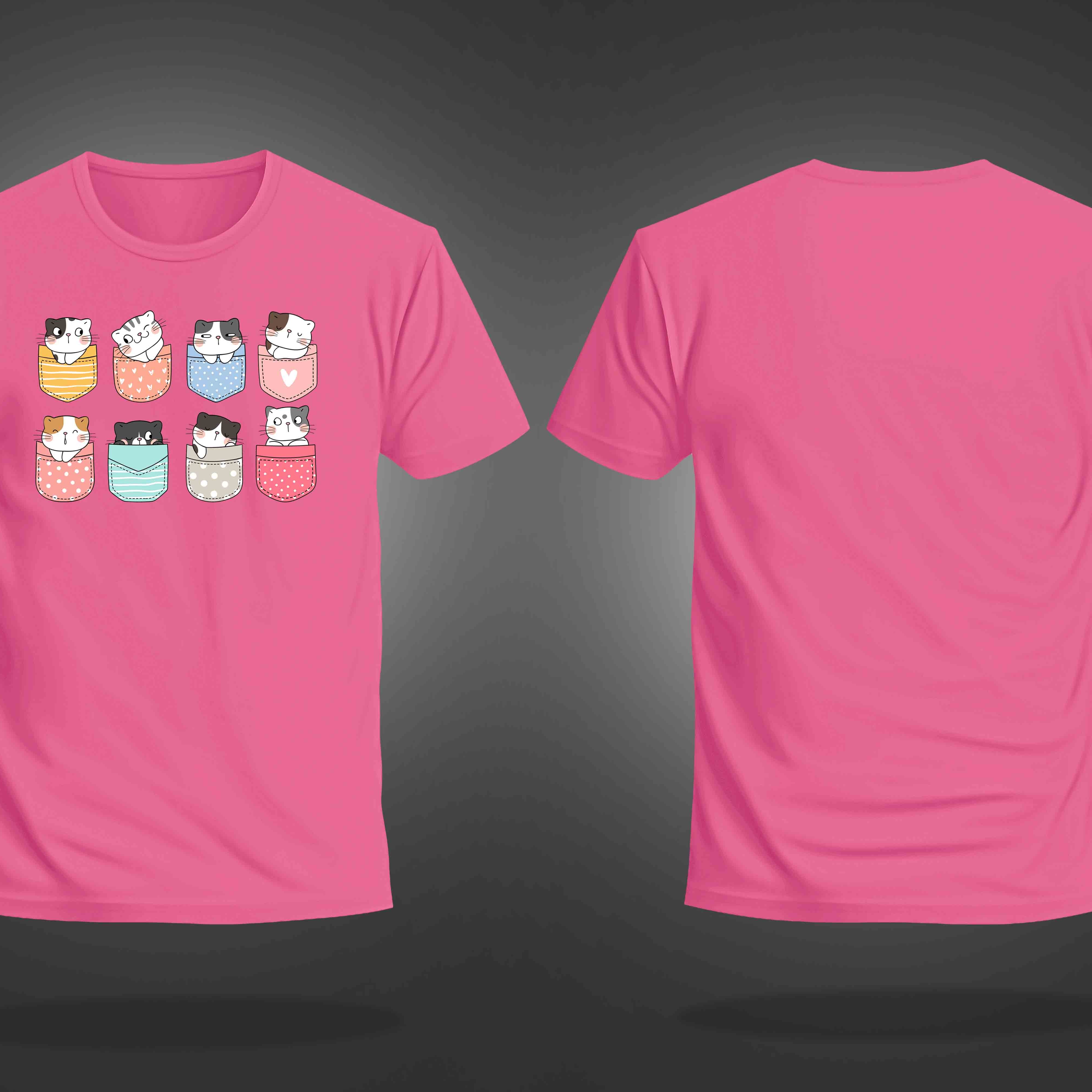 Pink Round Neck Half Sleeve Pocket Cats Printed Regular T-Shirt