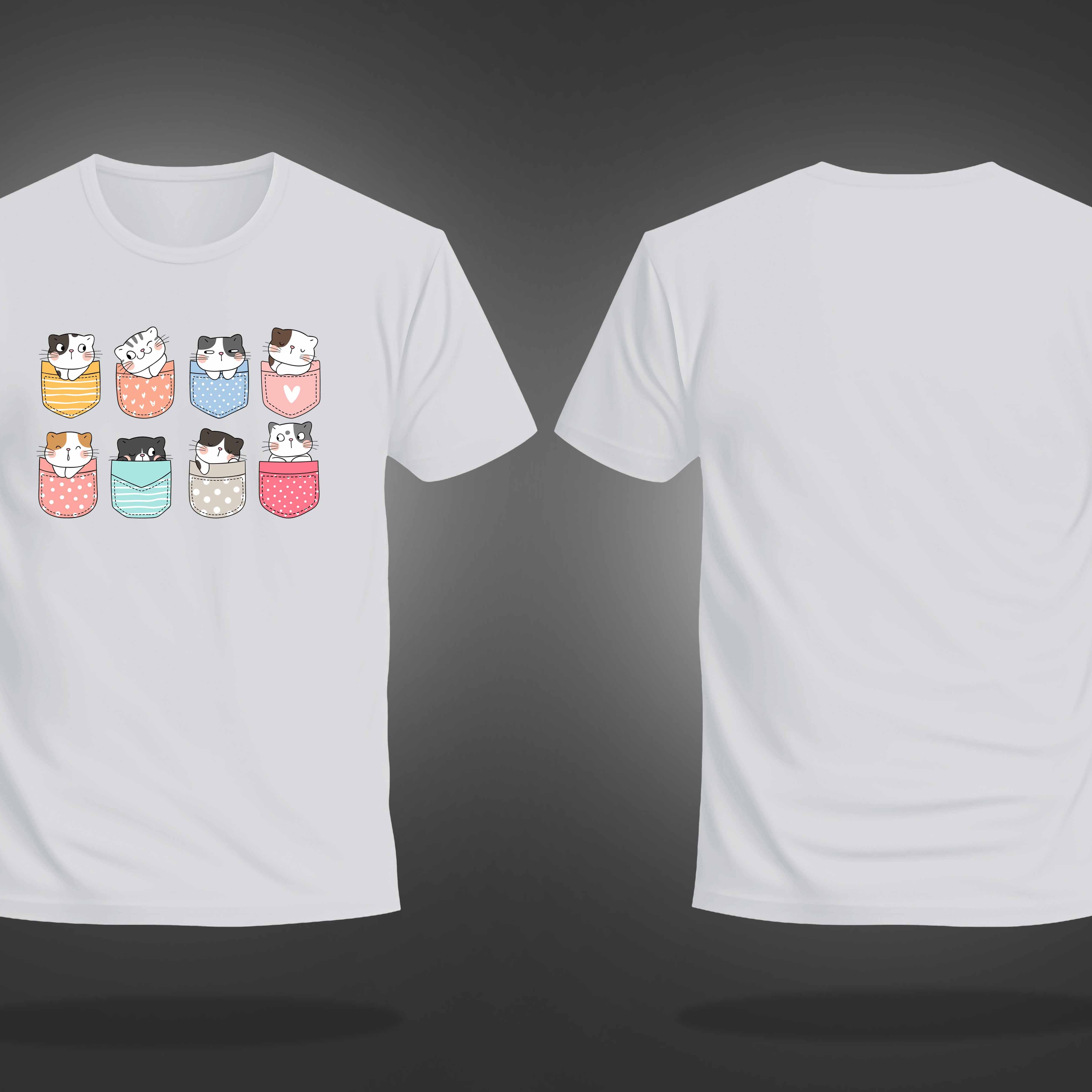White Round Neck Half Sleeve Pocket Cats Printed Regular T-Shirt