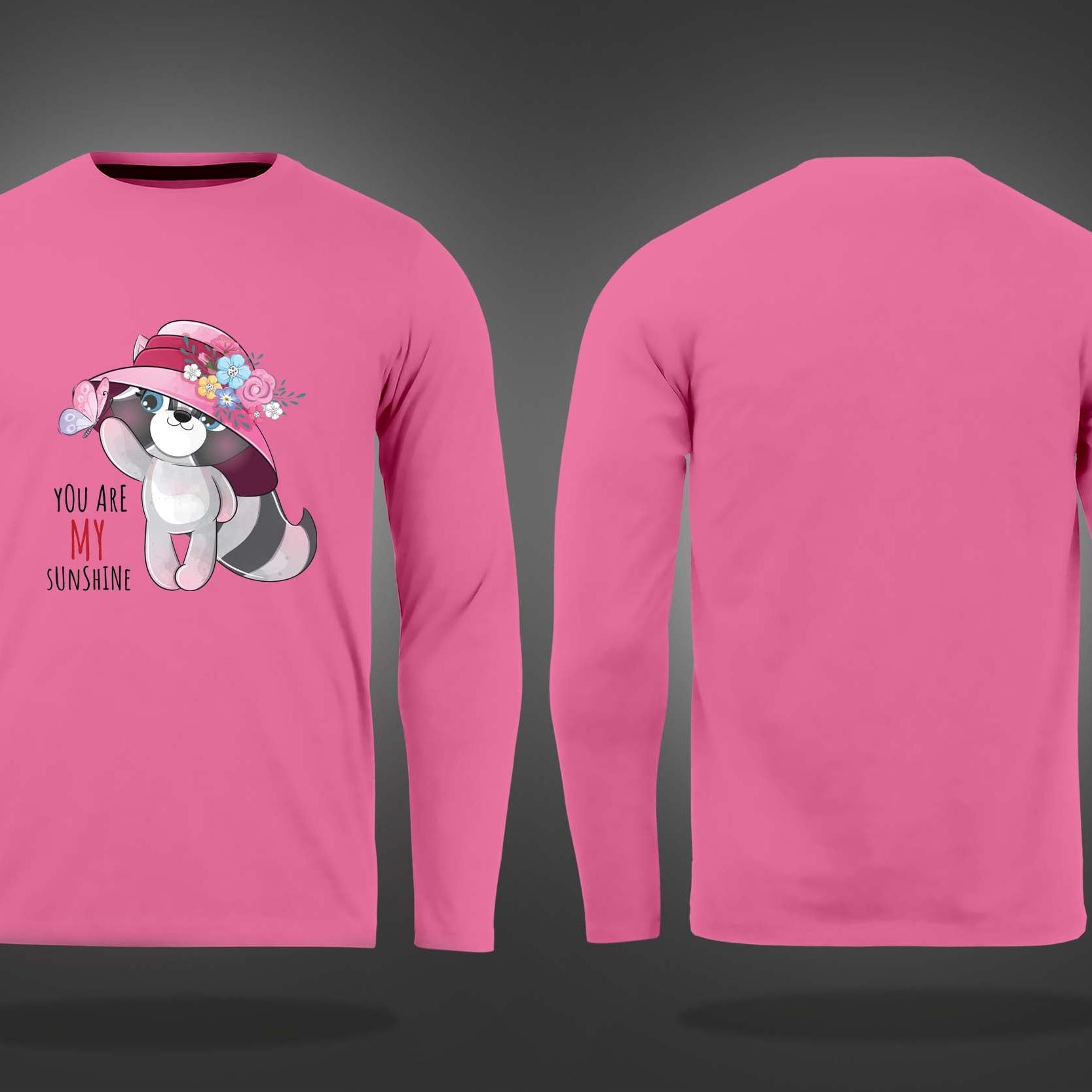 Pink Round Neck Cute Cat You Are My Sunshine Printed Full Sleeves T-Shirt