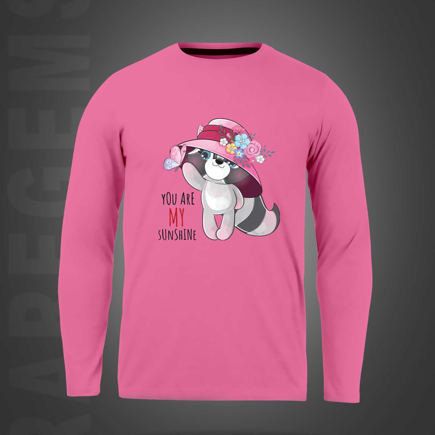 Pink Round Neck Cute Cat You Are My Sunshine Printed Full Sleeves T-Shirt