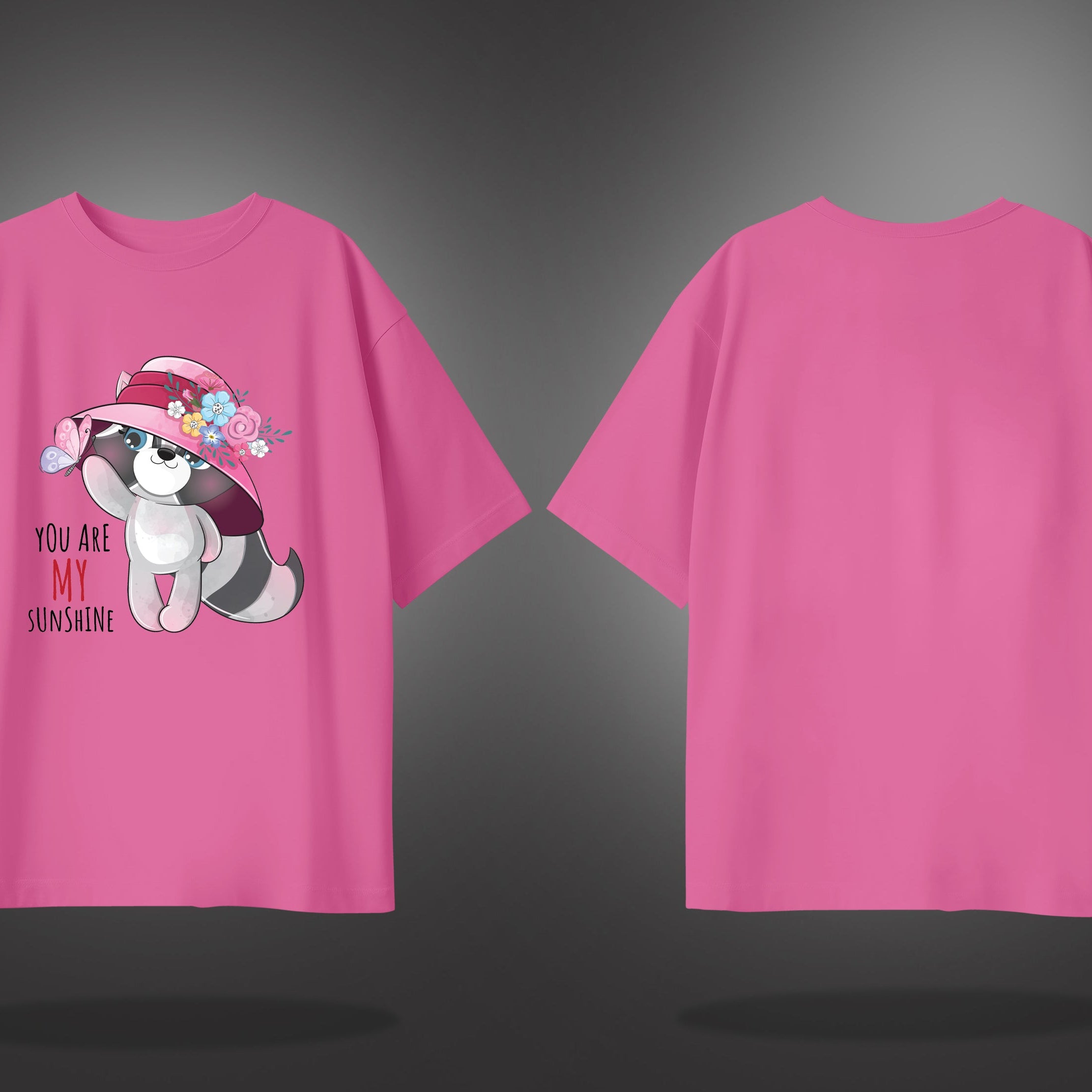 Pink Half Sleeves Cute Cat You Are My Sunshine Printed Oversized T-Shirt