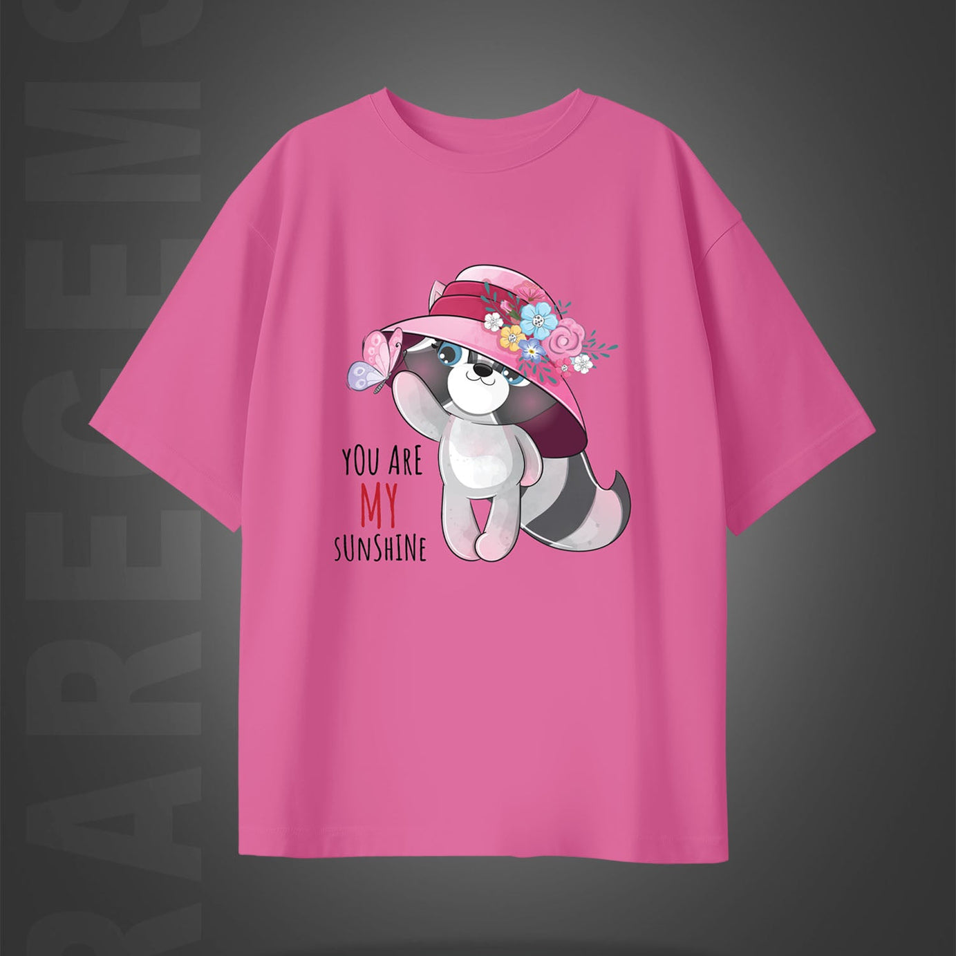 Pink Half Sleeves Cute Cat You Are My Sunshine Printed Oversized T-Shirt