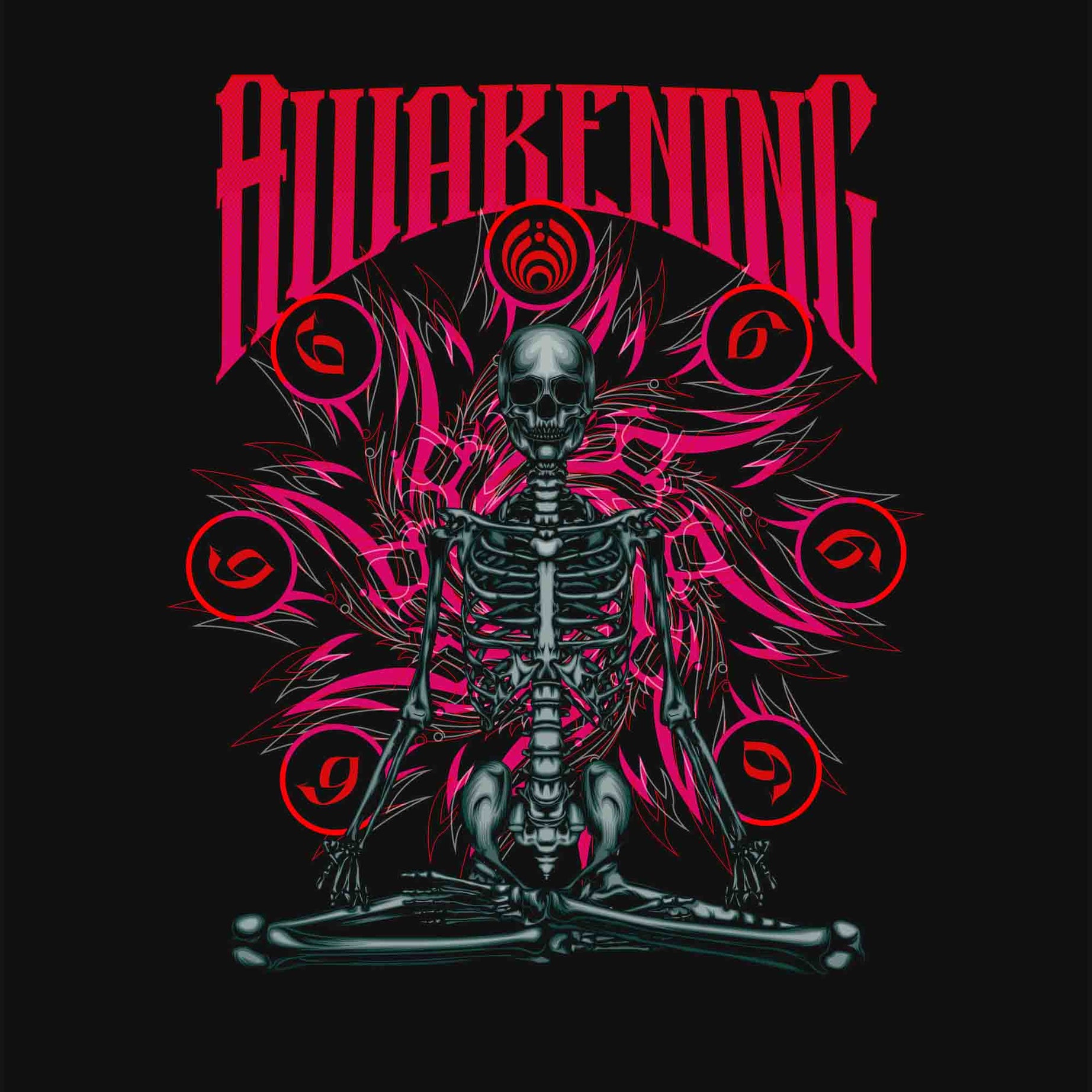 Black Round Neck Awakening Skeleton Printed Full Sleeves T-Shirt