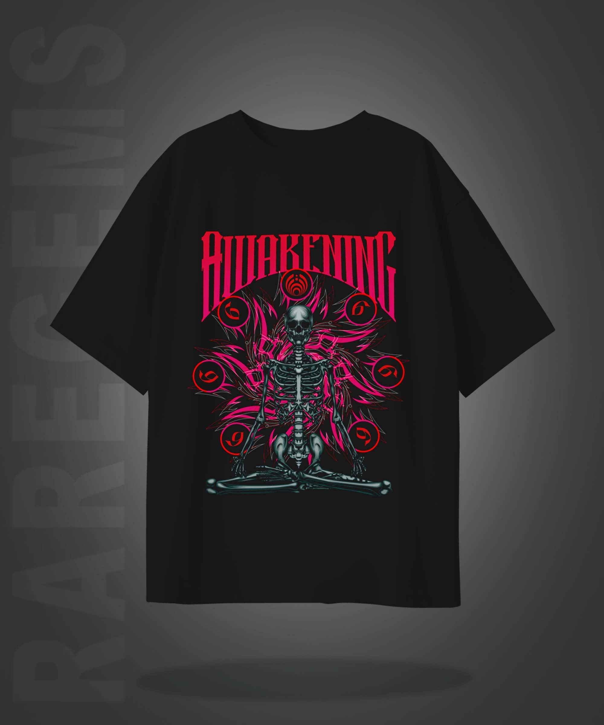 Black Half Sleeve Round Neck Awakening Skeleton Printed Oversized T-Shirt