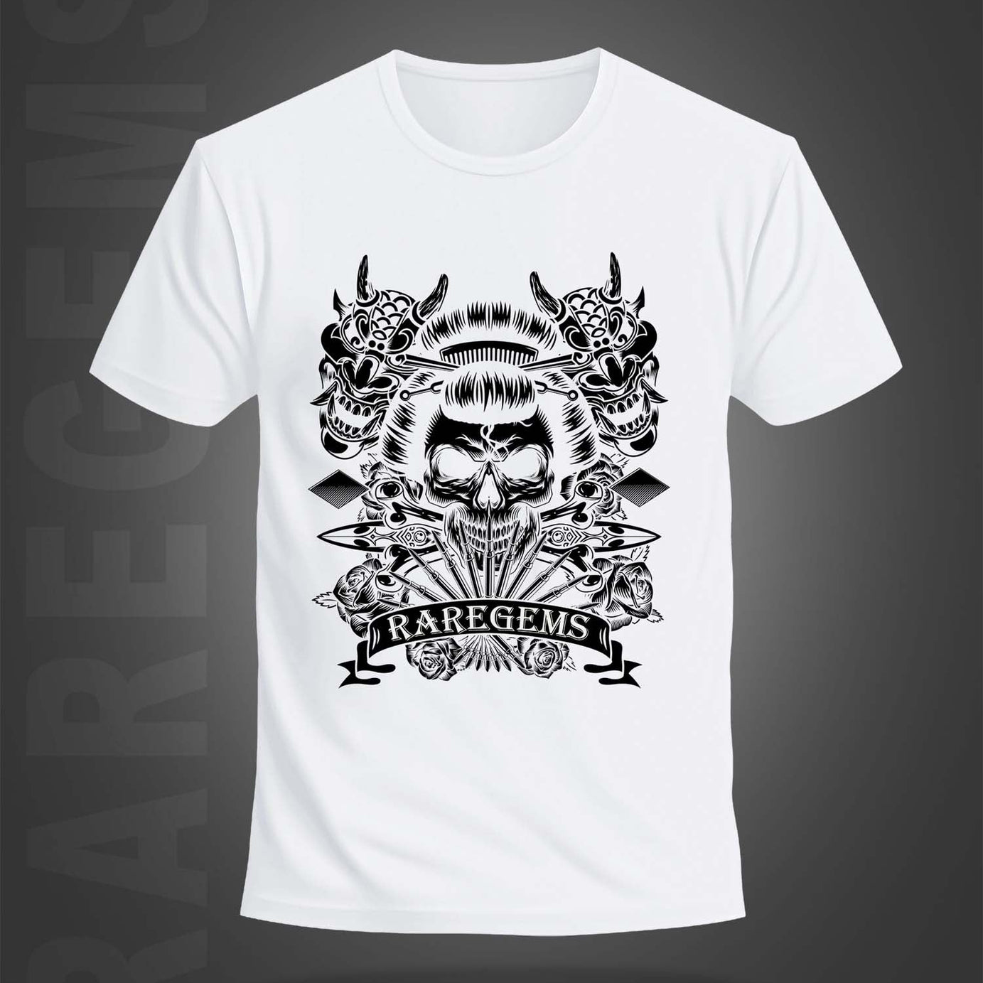 White Half Sleeves Round Neck Chinese Skulls Printed Regular T-Shirt