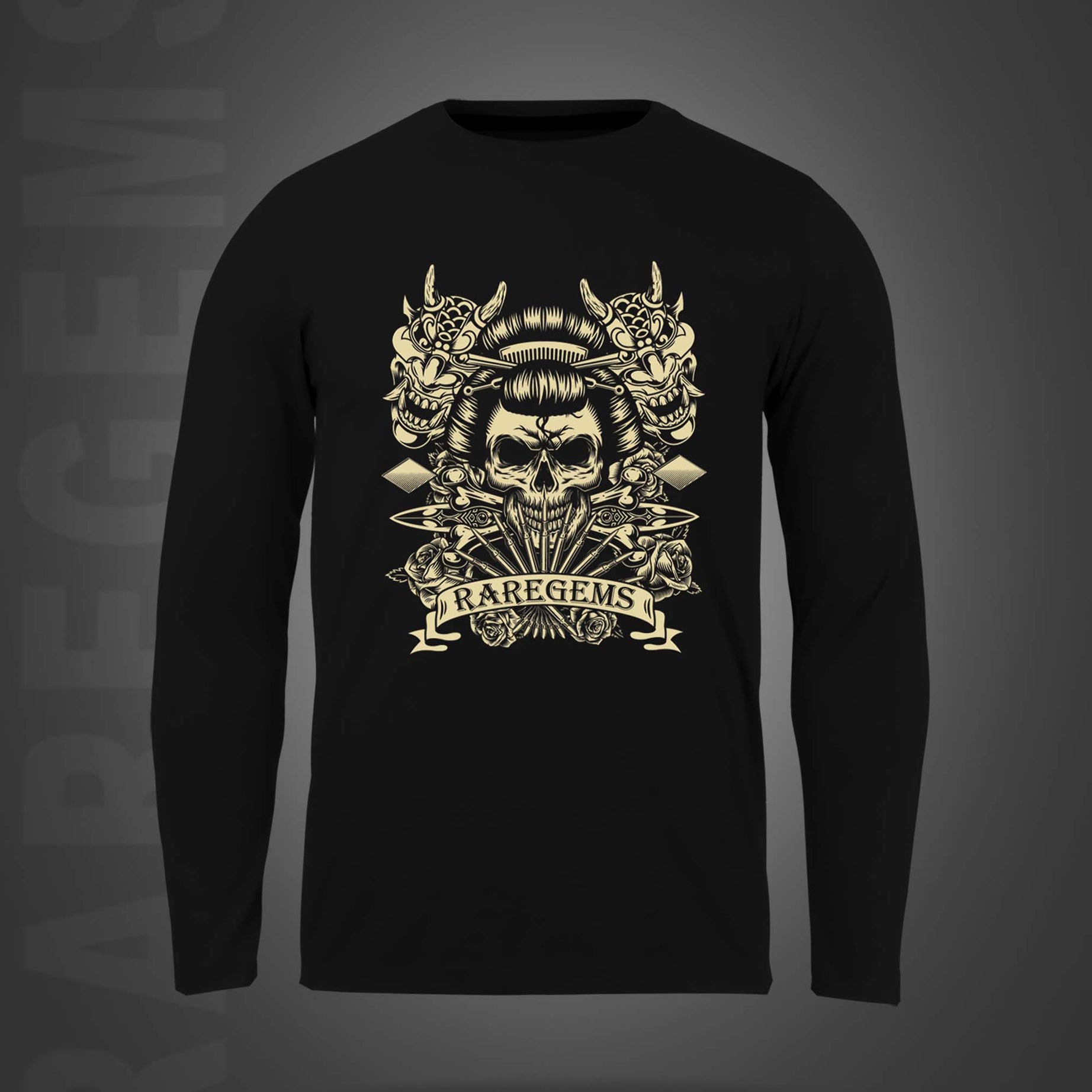 Black Round Neck Chinese Skulls Printed Full Sleeves T-Shirt