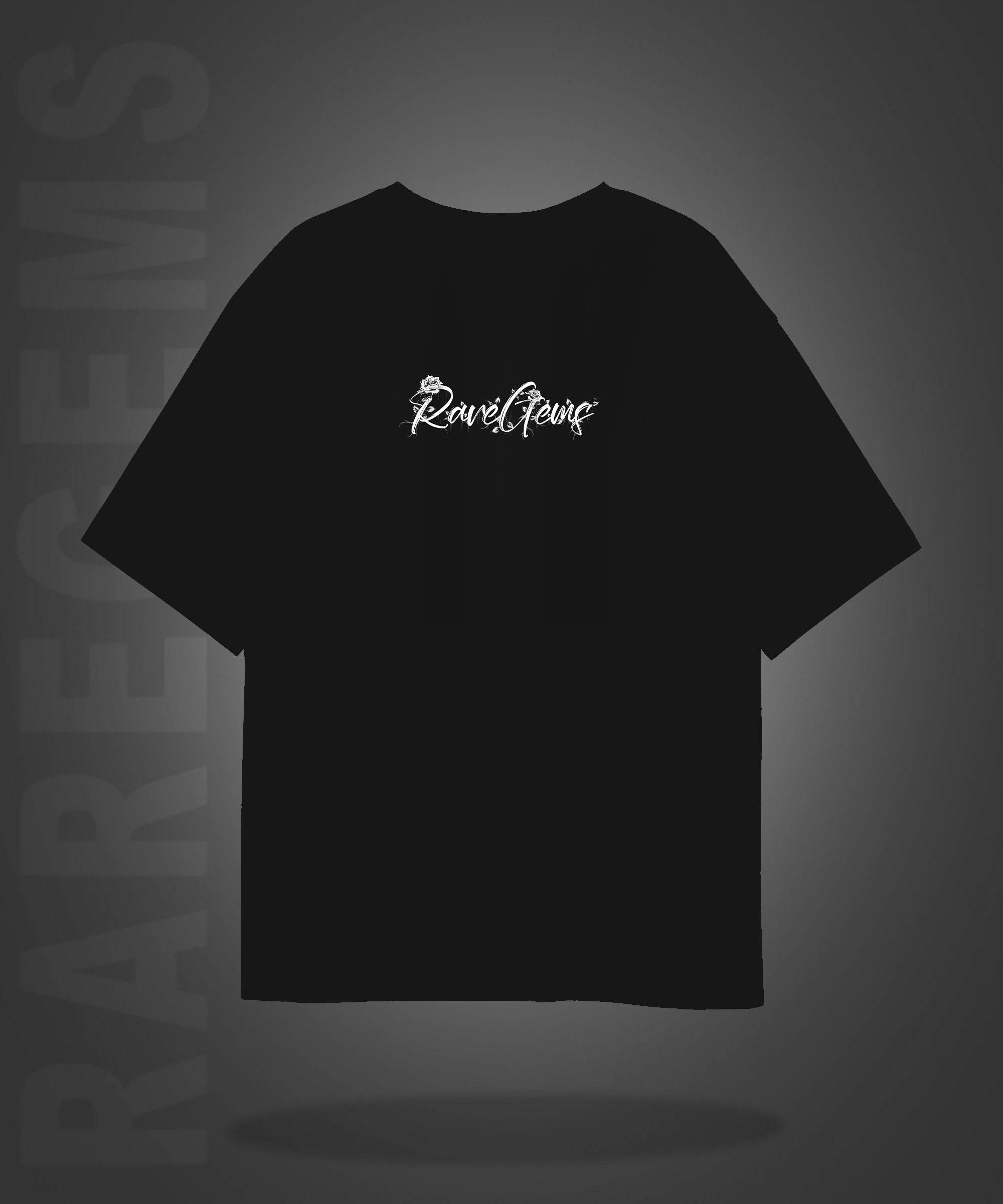 Black Round Neck Half Sleeve Sword With White Rose Front Oversized T-Shirt