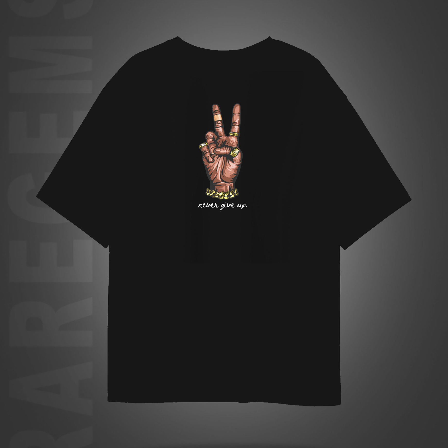 Black Half Sleeves Victory Never Give Up Printed Oversized T-Shirt