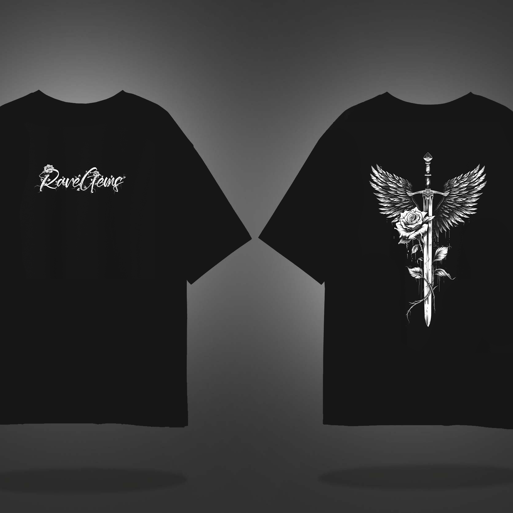 Black Round Neck Half Sleeve Sword With White Rose Front Oversized T-Shirt