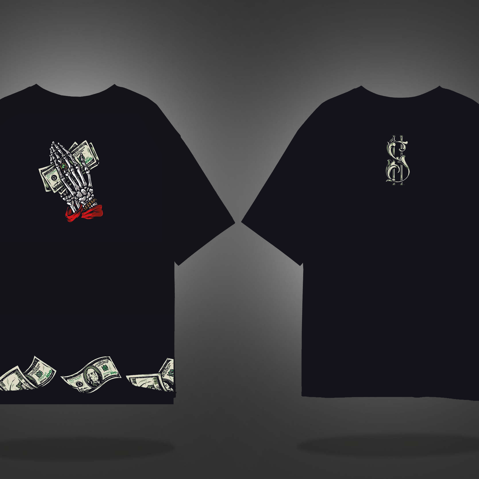Black Half Sleeves Round Neck Dollars In Dead Hand Printed Oversized T-Shirt