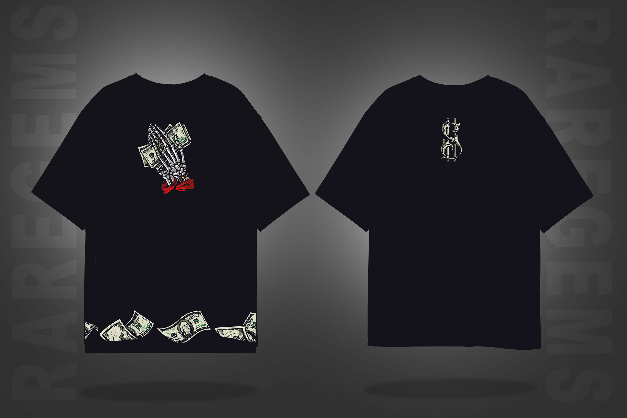 Black Half Sleeves Round Neck Dollars In Dead Hand Printed Oversized T-Shirt