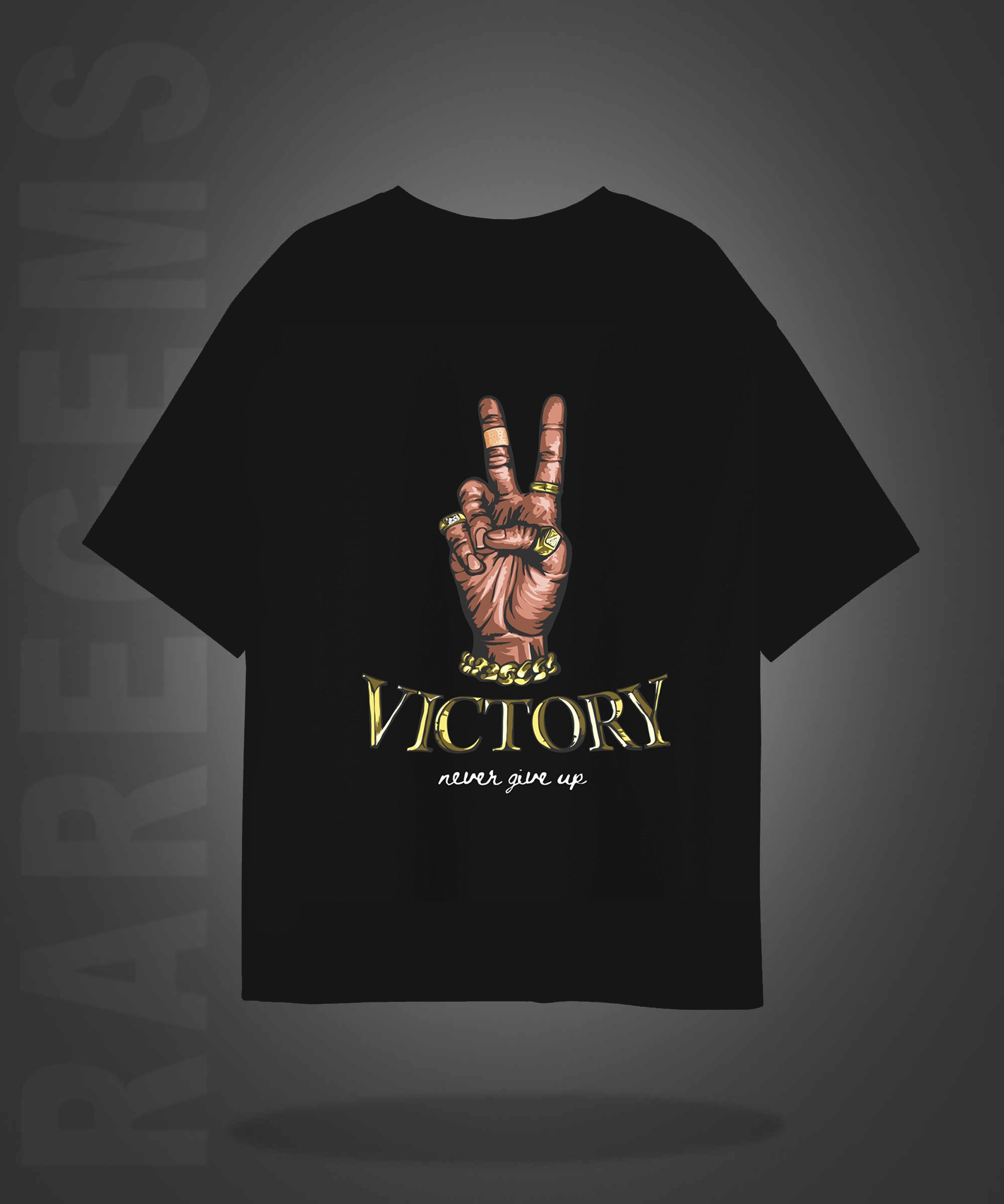 Black Half Sleeves Victory Never Give Up Printed Oversized T-Shirt