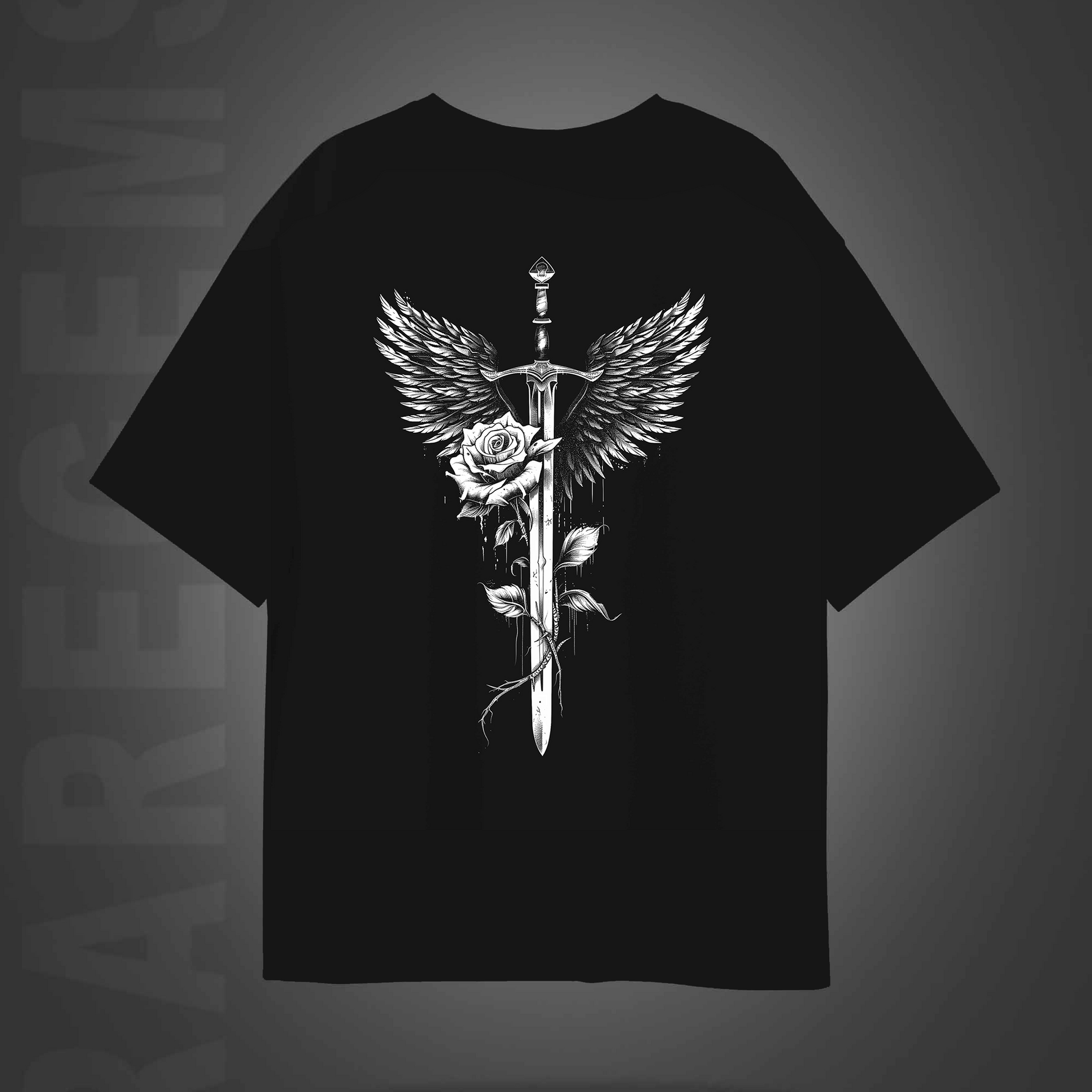 Black Round Neck Half Sleeve Sword With White Rose Front Oversized T-Shirt