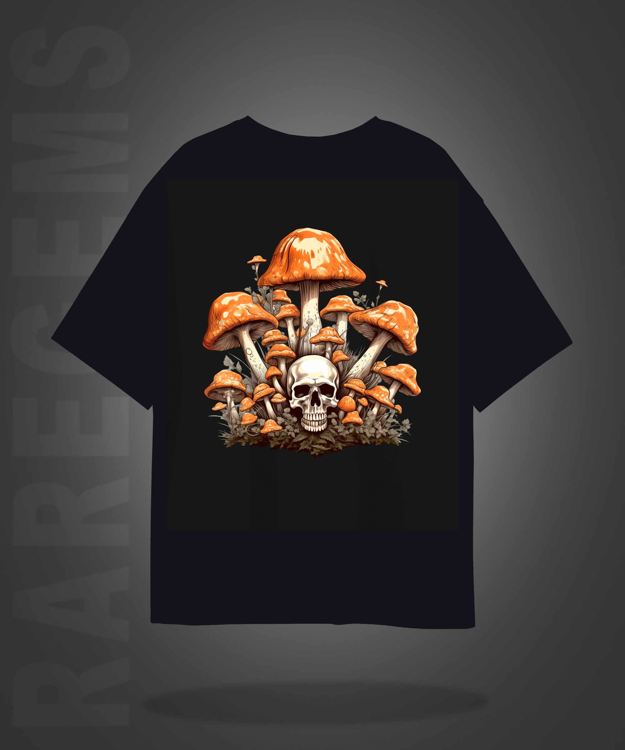 Black Half Sleeve Mushroom Skull Printed Oversized T-Shirt