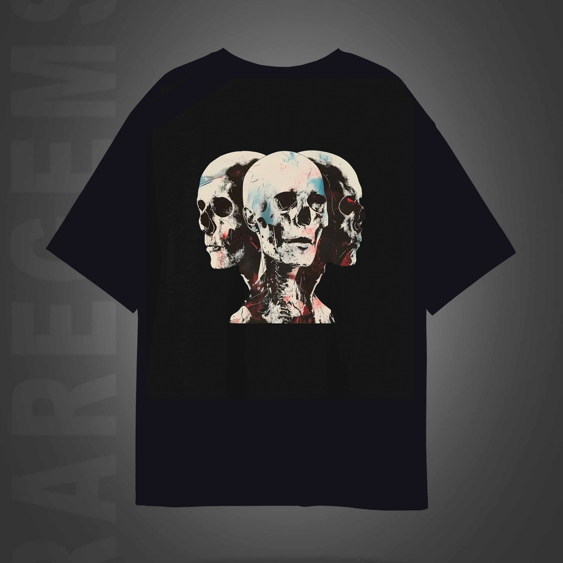 Black Half Sleeves Three Skulls Printed Oversized T-Shirt